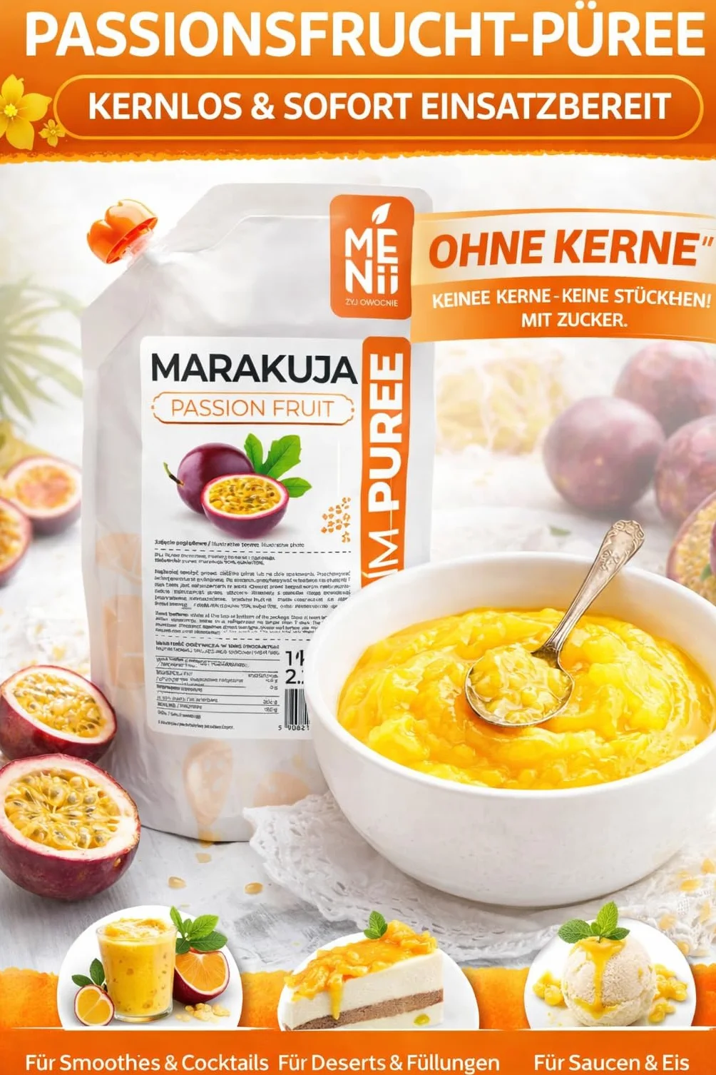 Puree z marakui 1 kg z cukrem bez pestek gładkie tropikalne owoce do deserów