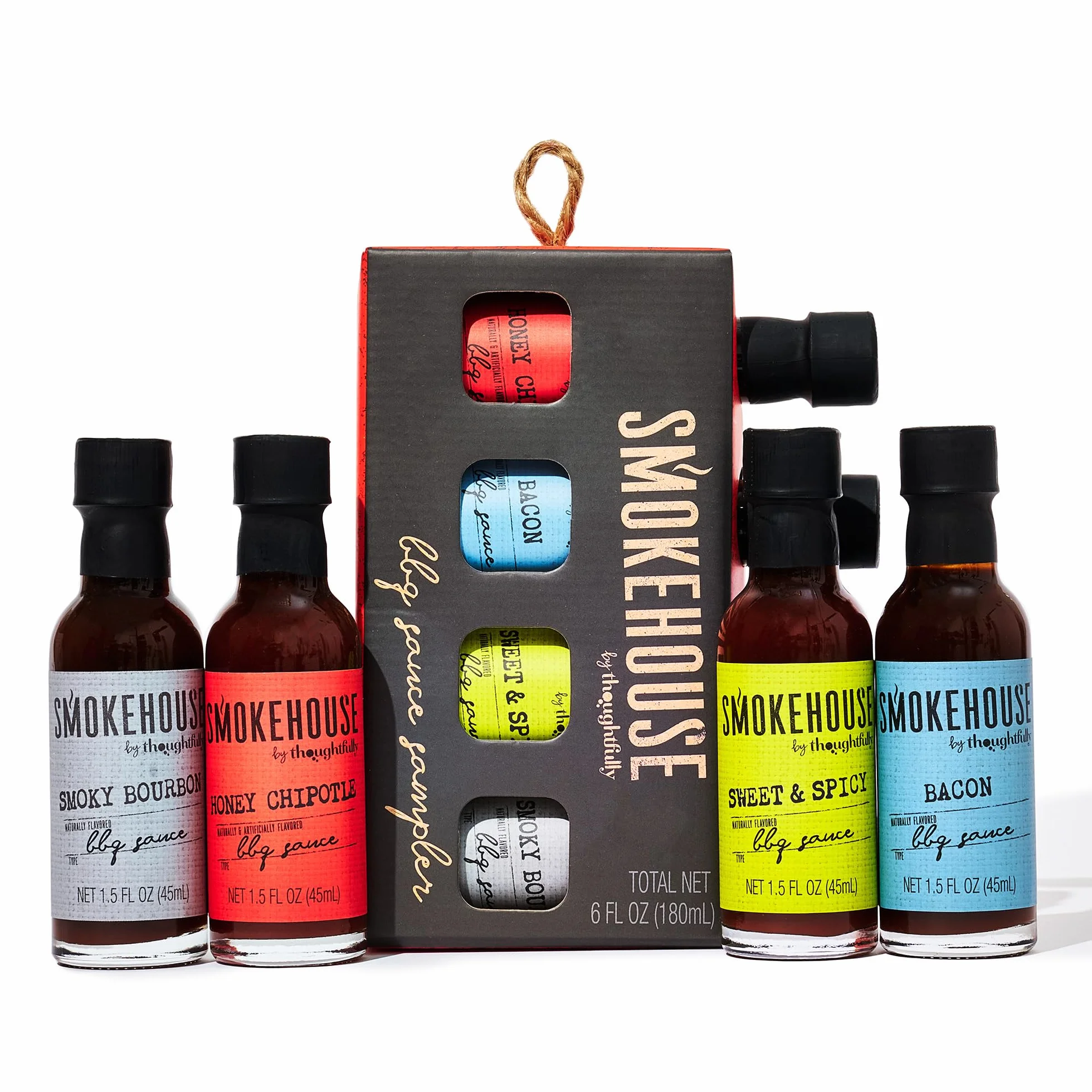 Smokehouse by Thoughtfully, zestaw próbek sosów BBQ Smokehouse Gourmet, smaki obejmują chipotle miodu, wędzony burbon, słodki i pikantny i sos BBQ z boczkiem, 4 sztuki