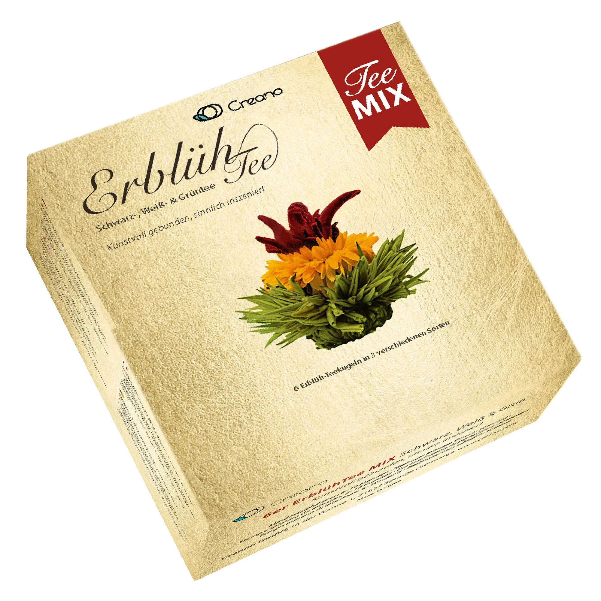 Zestaw upominkowy Creano Flowering Tea Mix – Złoty, Herbata Kwitnąca w Szklanym Imbryku, Biała, Zielona i Czarna Herbata w 6 Odmianach, Prezent dla Kobiety, 7 Sztuk
