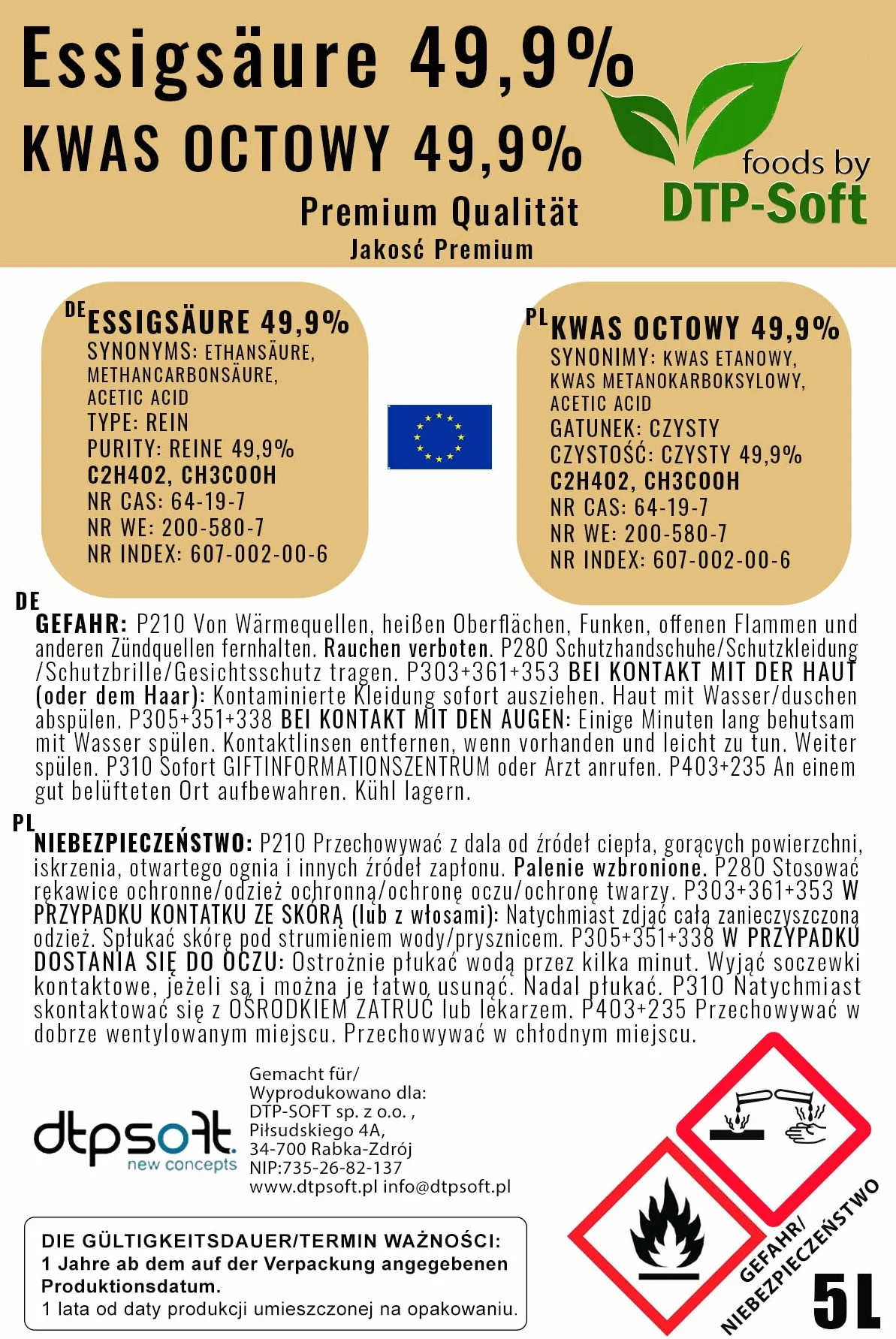 Kwas octowy 49,99% 10 l esencja octowa 50%