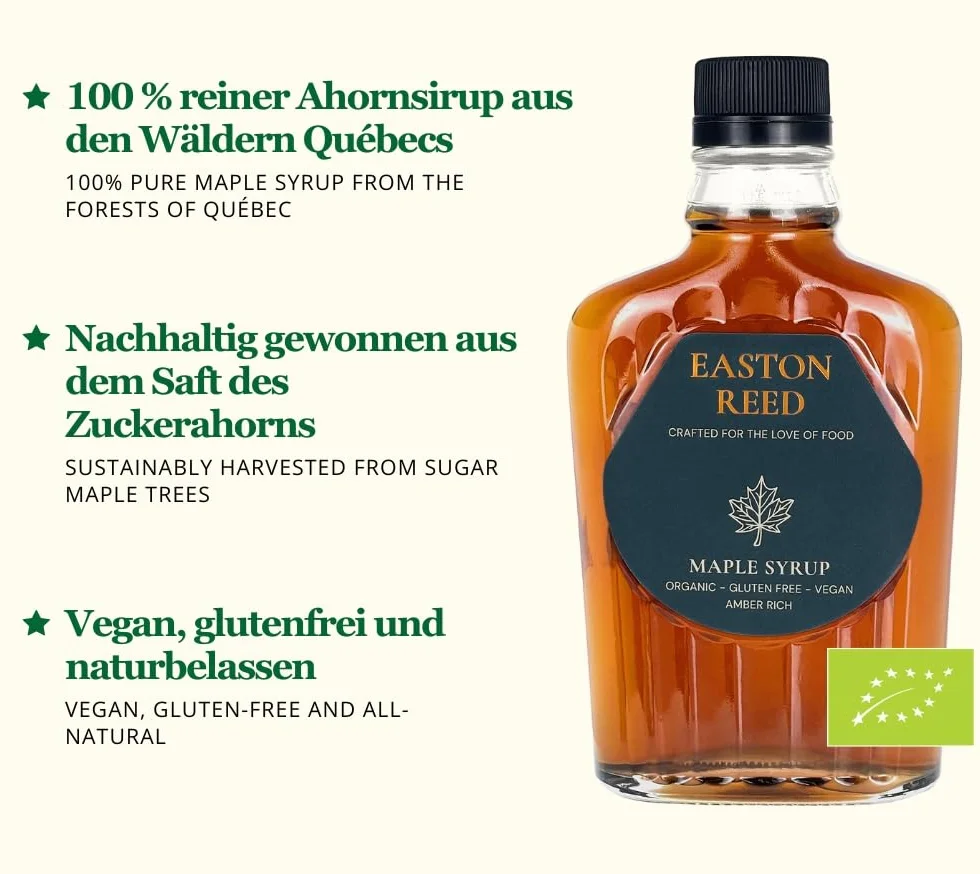 Easton Reed Syrop Klonowy Bio Klasa A Amber Rich 250ml – Kanadyjski Syrop Klonowy z Quebecu – Wegański Zamiennik Cukru do Naleśników i Marynat – Szklana Butelka, Bursztynowy Kolor