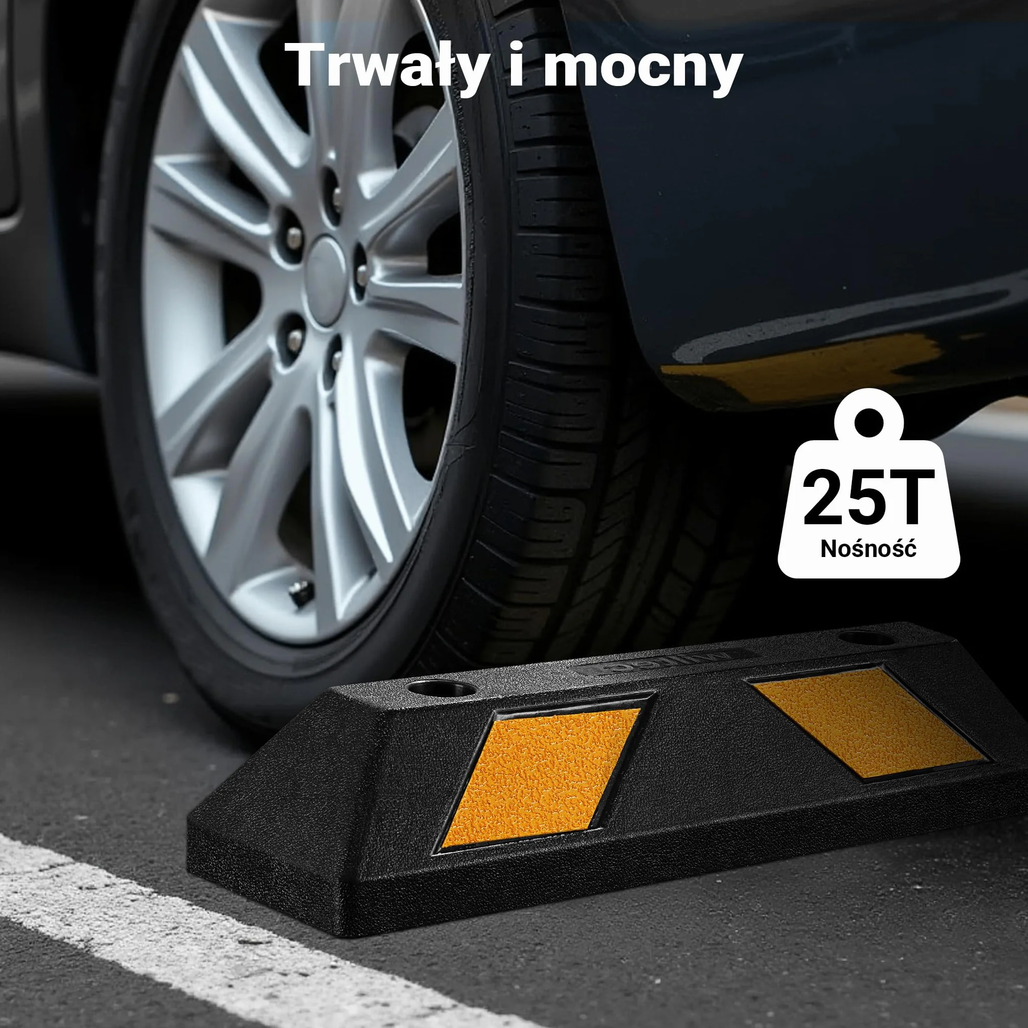 Wiltec Ogranicznik parkingowy 2 szt. 55 x 15 x 10 cm czarny z żółtą taśmą odblaskową, odbojnik gumowy do garażu i parkingu
