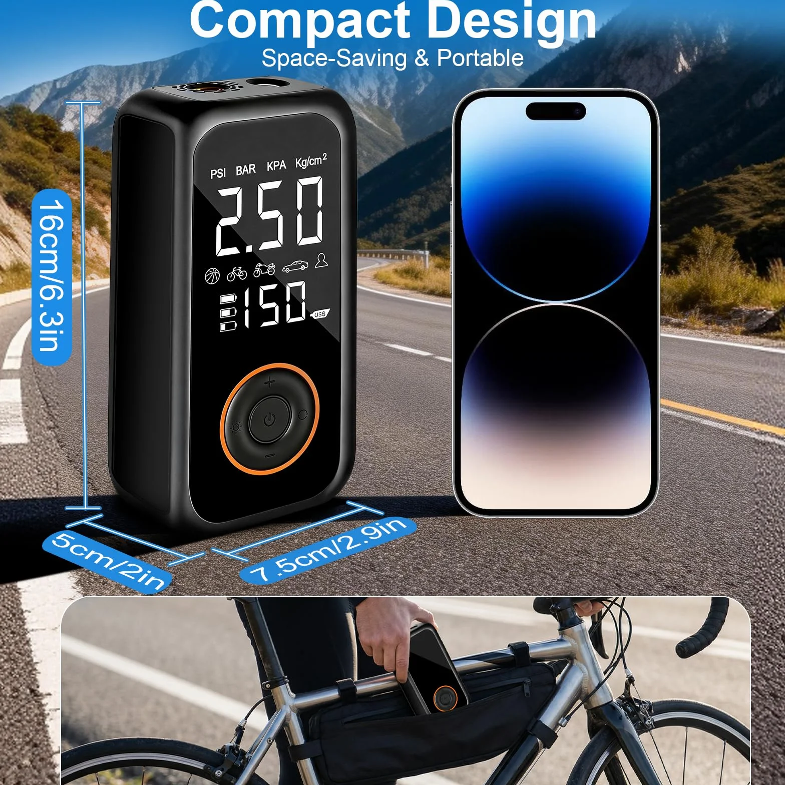 Bezprzewodowa pompka do opon samochodowych, 8000 mAh, mini przenośna sprężarka powietrza, 150 PSI, elektryczna pompa rowerowa z cyfrowym wyświetlaczem LCD i latarką LED, pompka do opon do rowerów