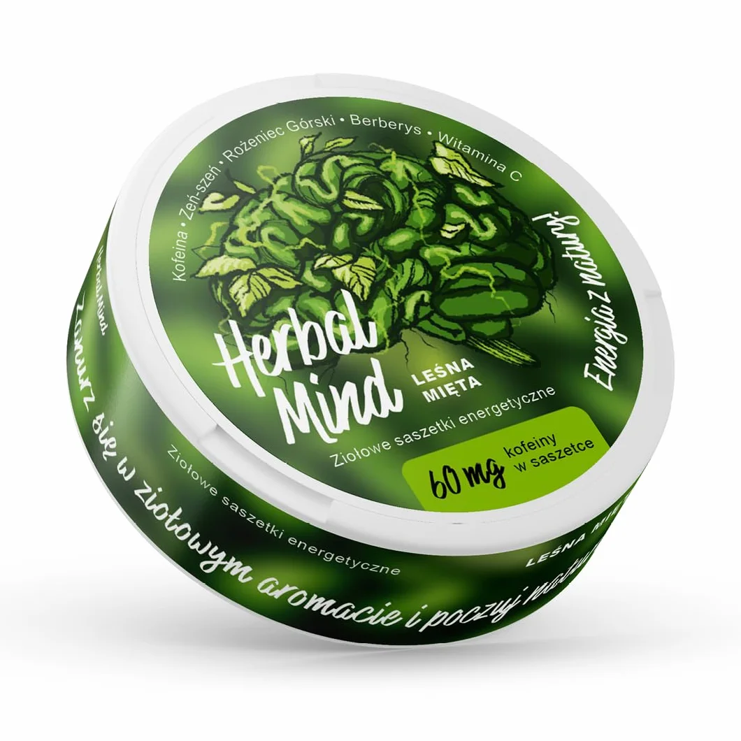 HerbalMind Ziołowe Saszetki Energetyczne 60 mg Kofeiny Leśna Mięta 20 szt. Snusy Kofeinowe z Adaptogenami Bez Nikotyny