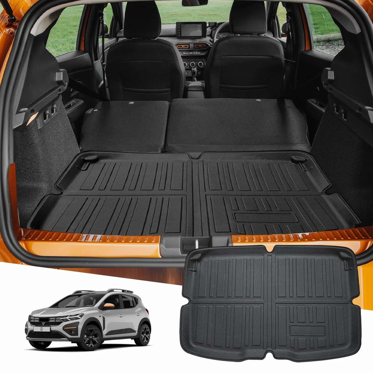 LUWU Kompatybilna z Dacia Sandero 3/Sandero Stepway 3 III 2021-2024 2025, składana mata do bagażnika, guma TPE, ochrona bagażnika, wodoszczelna, antypoślizgowa, Sandero, 3 akcesoria (górna komora