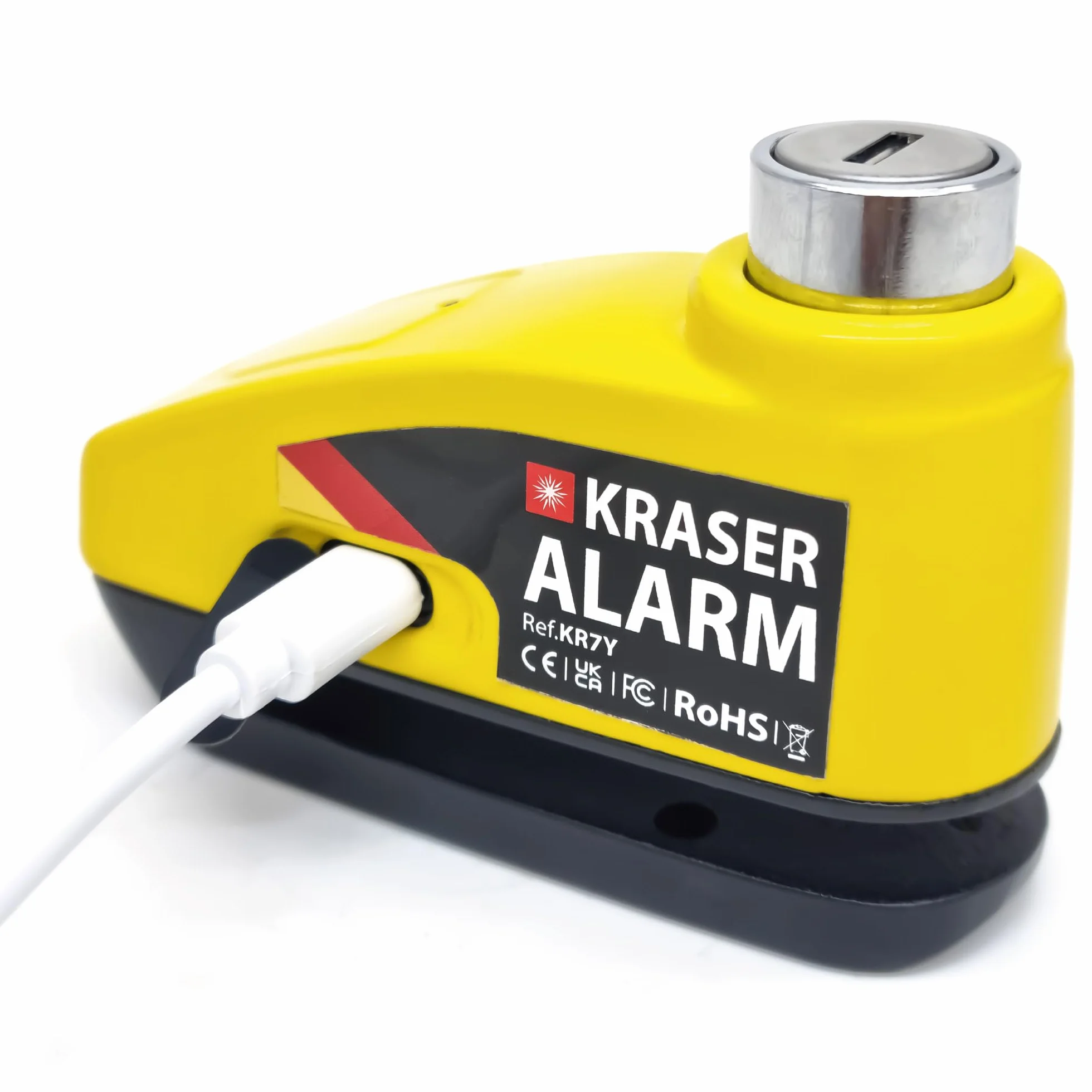 KRASER KR7Y Blokada Tarczy Alarmowej Akumulator, Zabezpieczenie przed Kradzieżą Hamulec Motocyklowy DiscLock, Kabel USB Ładowanie Baterii, Blokada Wciskana Pin ř7mm Bezpieczeństwo, Alarm 110 dB Skuter