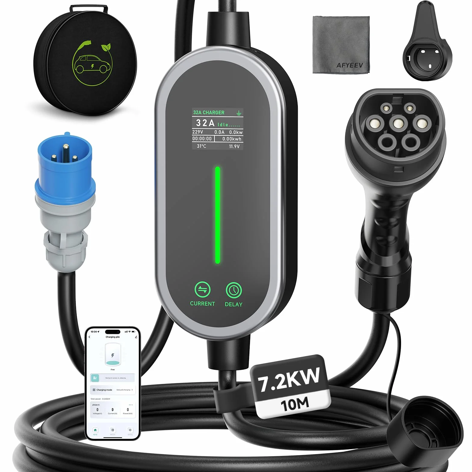 Kabel ładujący typu 2 10 m, 7,2 kW mobilna ścianka ścienna z aplikacją 1 faza/6-32 A Przenośny kabel do ładowania Schuko EV, samochód elektryczny typ 2 funkcja czasu Schuko i IP65 do EV PHEV