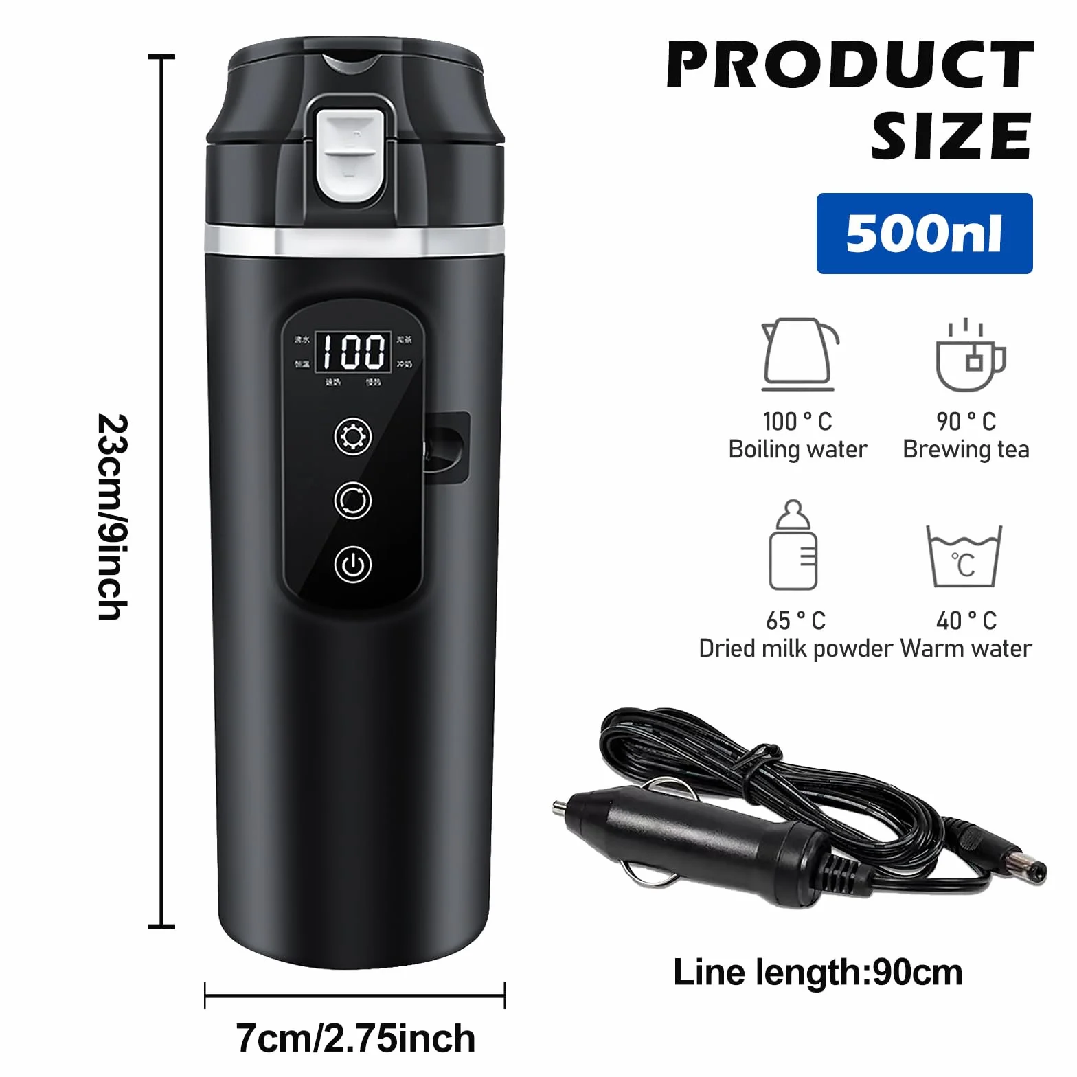 PORFOYO Czajnik elektryczny do samochodu, kubeczek podróżny 24 V/12 V, 500 ml, czarny, stal nierdzewna, z wyświetlaczem, do podróży samochodowych