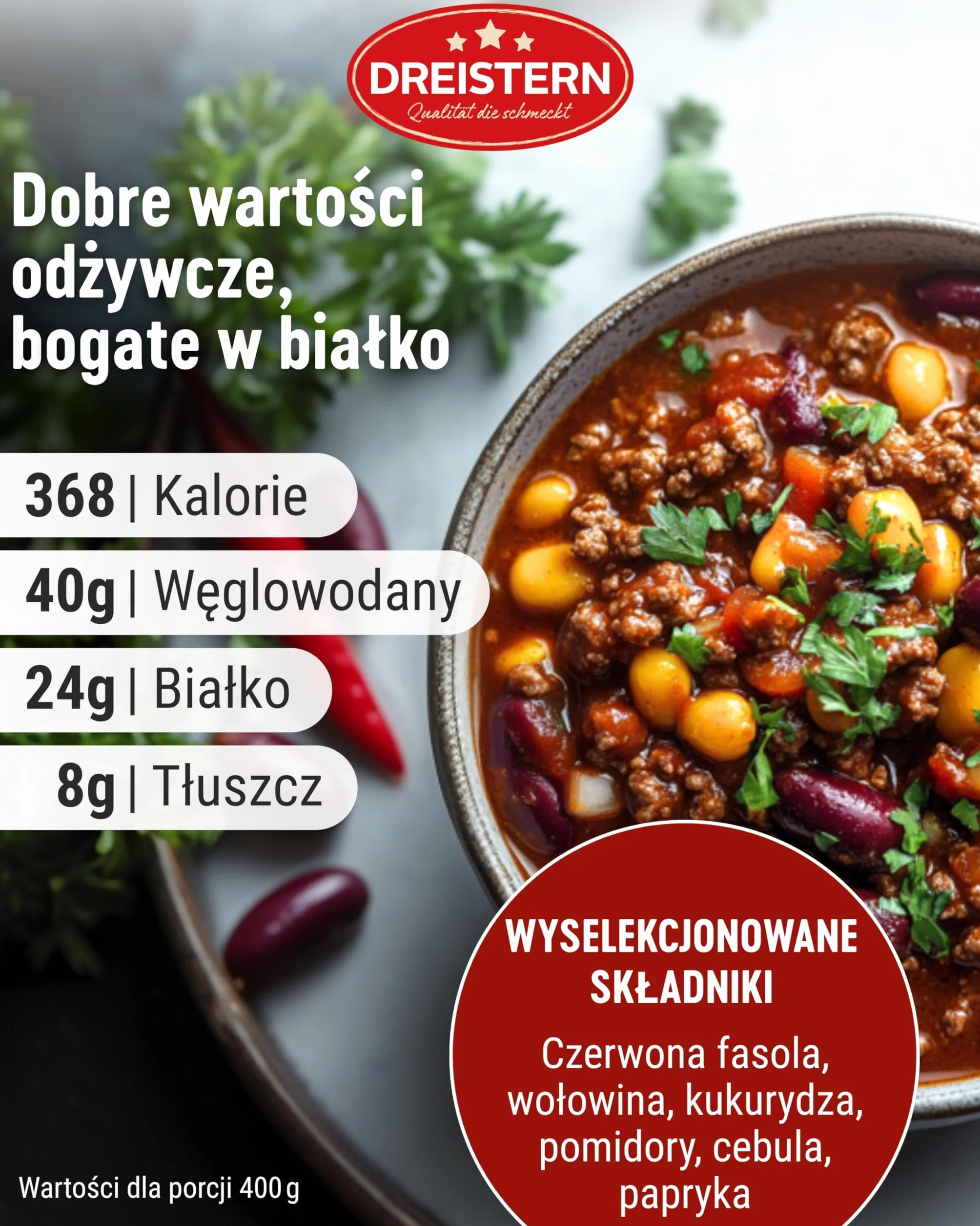 DREISTERN Chili con Carne z Wołowiną i Warzywami, Gotowy Posiłek, Chili w Blaszanym Pudełku, Jakość, Która Dobrze Smakuje