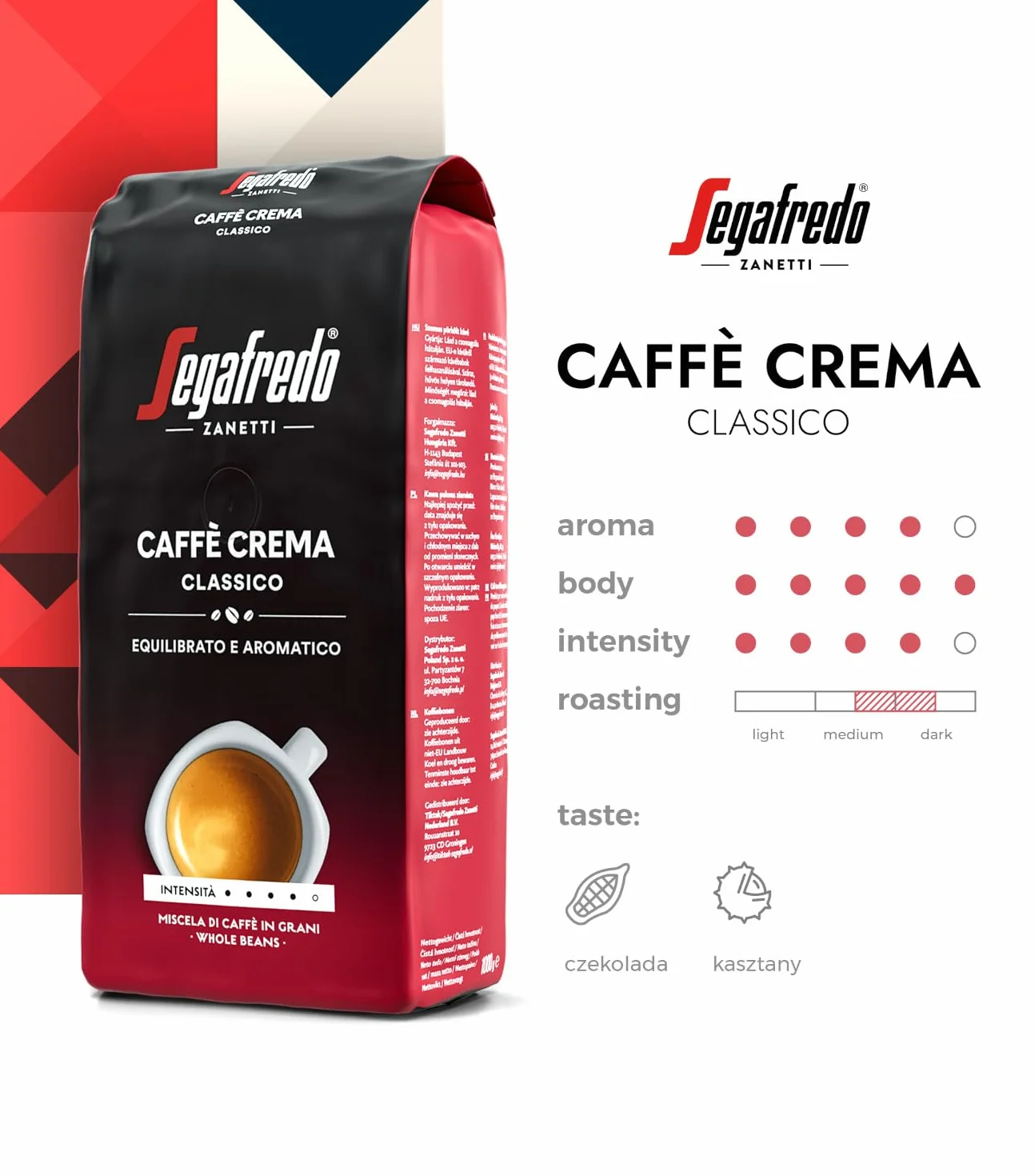 Segafredo Zanetti Caffè Crema Classico Kawa Ziarnista 1 kg Intensywność 4/5