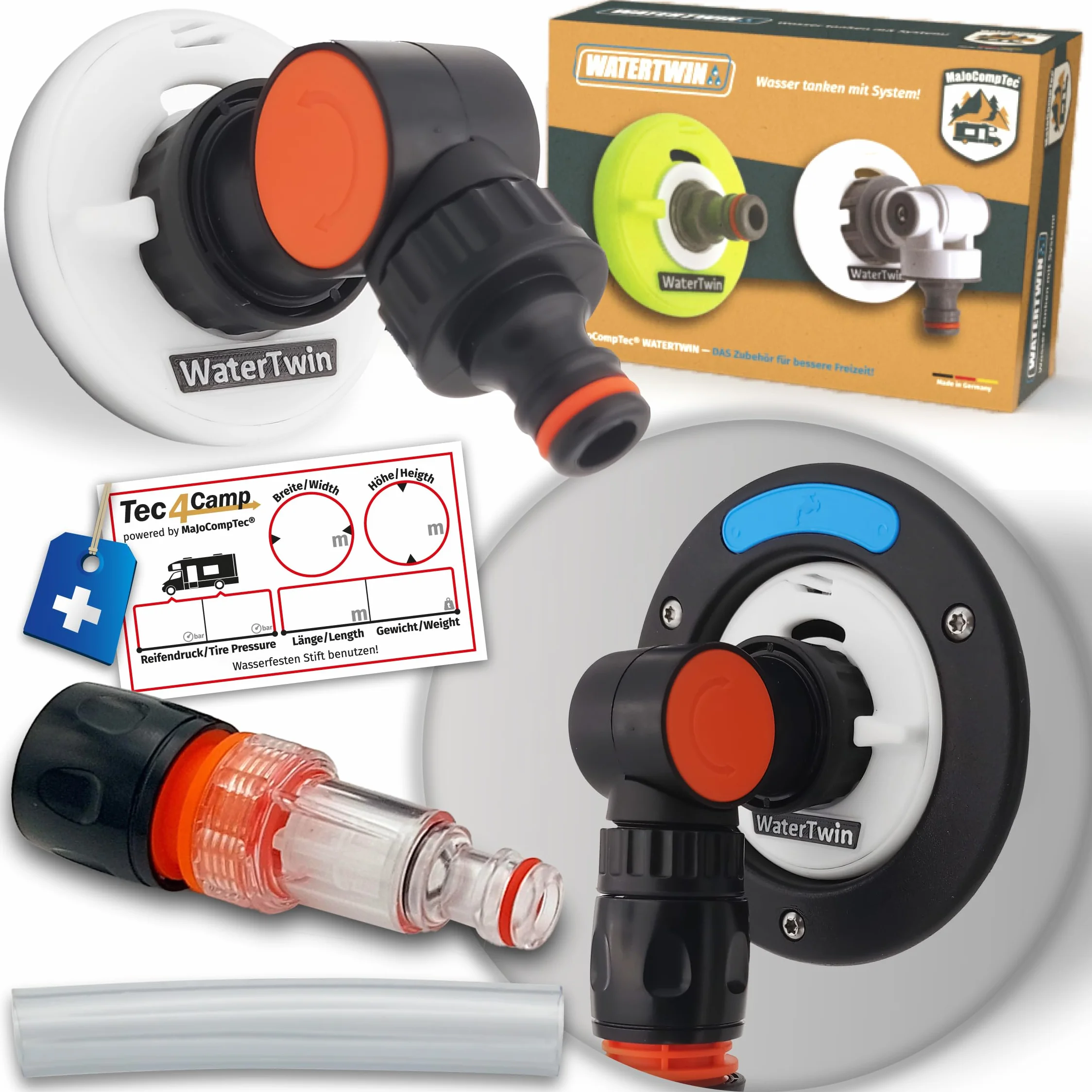 MaJoCompTec® WATERTWIN Adapter do pokrywy zbiornika na wodę z przyłączem wodnym | Adapter do pokrywy zbiornika na wodę do króćca napełniania | Akcesoria do samochodów kempingowych (wersja FLEX +