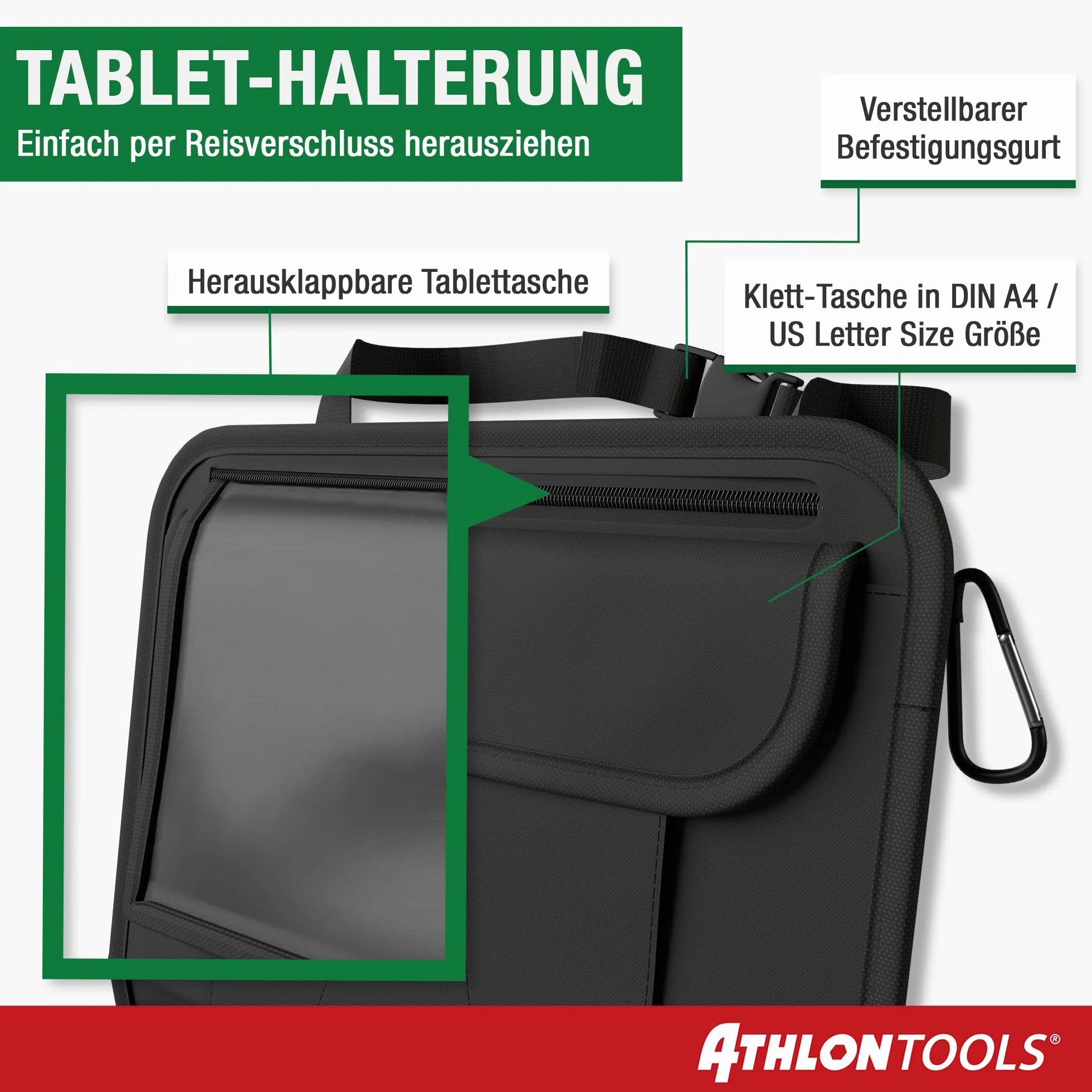 ATHLON TOOLS Organizer na fotel samochodowy ze zintegrowanym uchwytem na tablet, wzmocniony tył, z dodatkowym piórnikiem, biznesowy / dla dziec, zaprojektowany w Hamburgu (kolor czarny/zestaw 2 szt.)