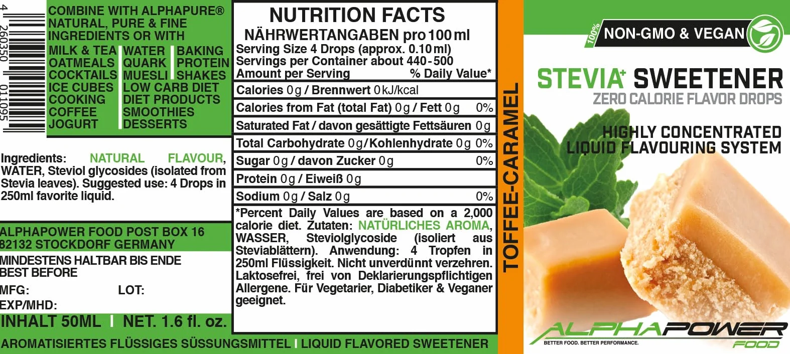 ALPHAPOWER FOOD | Stewia bez cukru, krople smakowe TOFFEE CARAMEL | 100% naturalny aromat w płynie + zamiennik cukru do wody, musli, słodkich potraw, smoothies