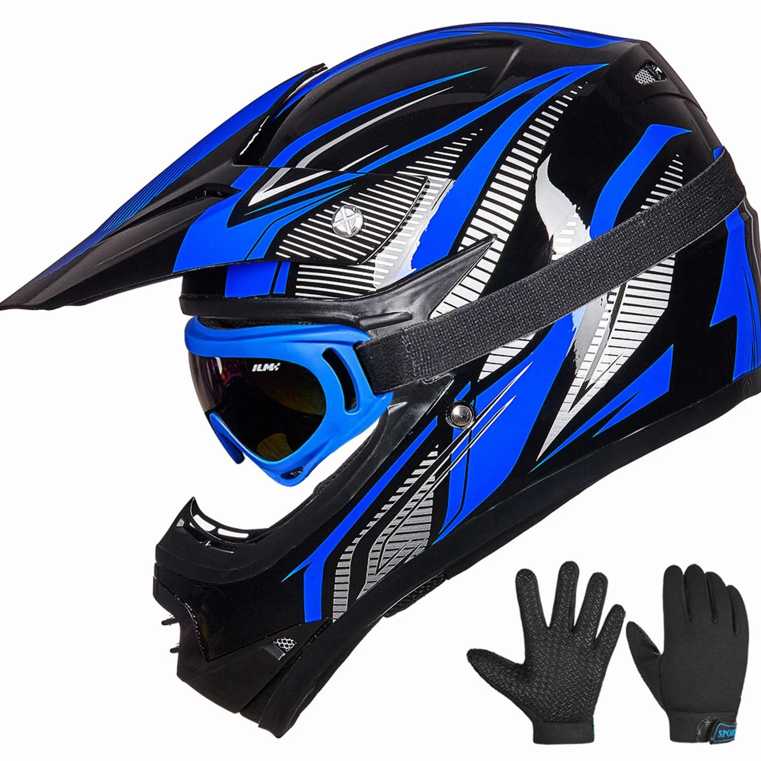ILM Dziecięcy kask motocyklowy Cross Dirt Bike dla chłopców i dziewcząt, uniseks, homologacja ECE22.06 Full Face Off Road MTB ATV Enduro MTB z rękawicami Gogle Model B07, czarny niebieski, L