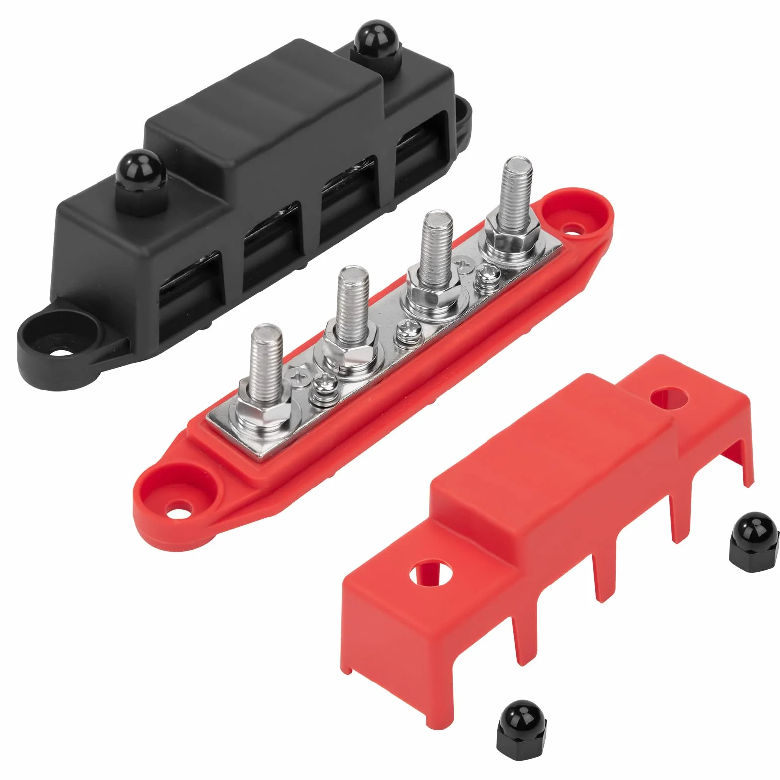 QIMEI-SHOP Szyna Zbiorcza 12 V-48 V DC, Blok Rozdzielczy 250 A z 4 x Bolcami Przyłączeniowymi M8, Do Samochodu, Kampera, Łodzi, Czerwonej, Czarnej, 2