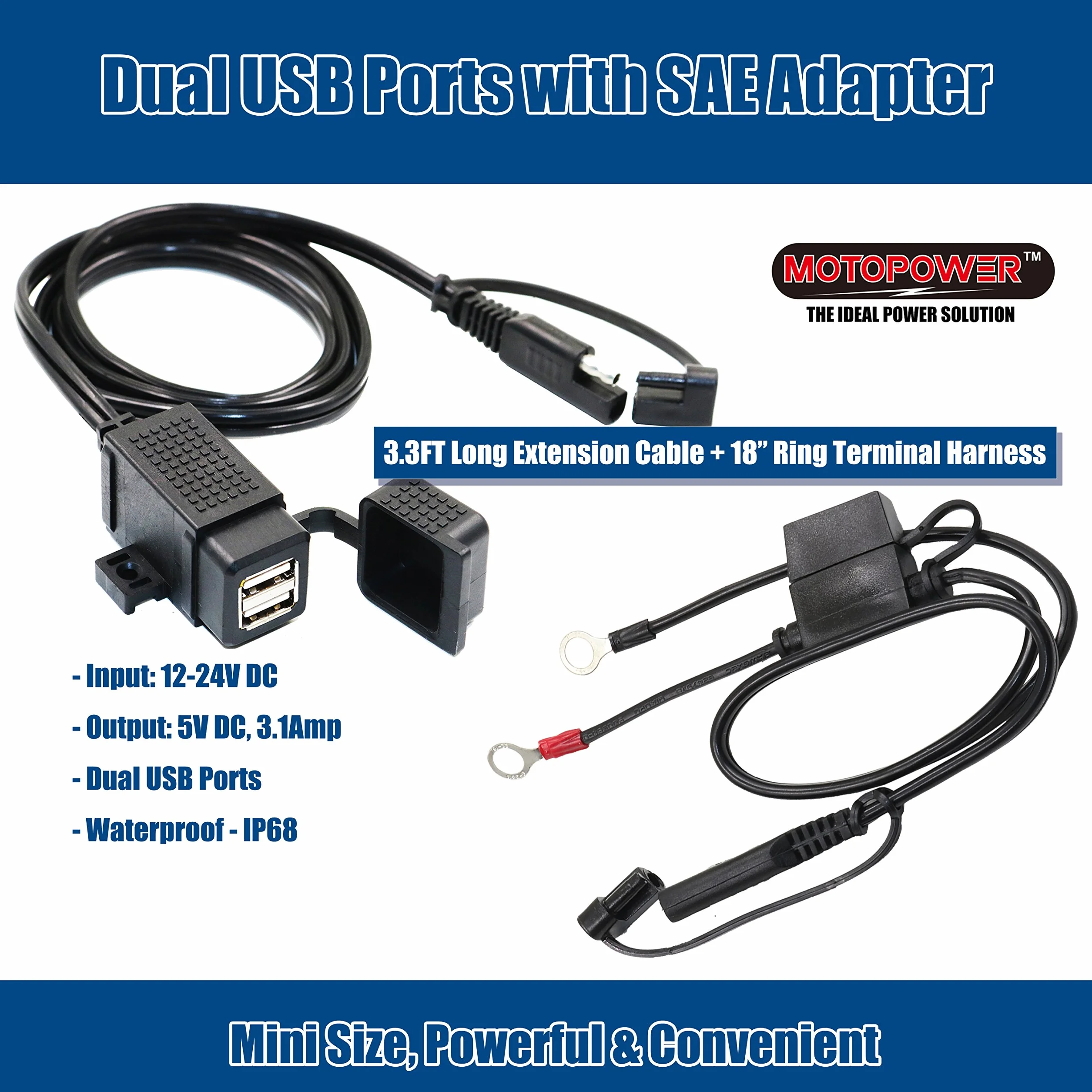MOTOPOWER MP0609EA 3,1 A wodoodporny motocykl podwójna ładowarka USB zestaw z bezpiecznikiem SAE pierścień zaciskowy wiązka przewodów