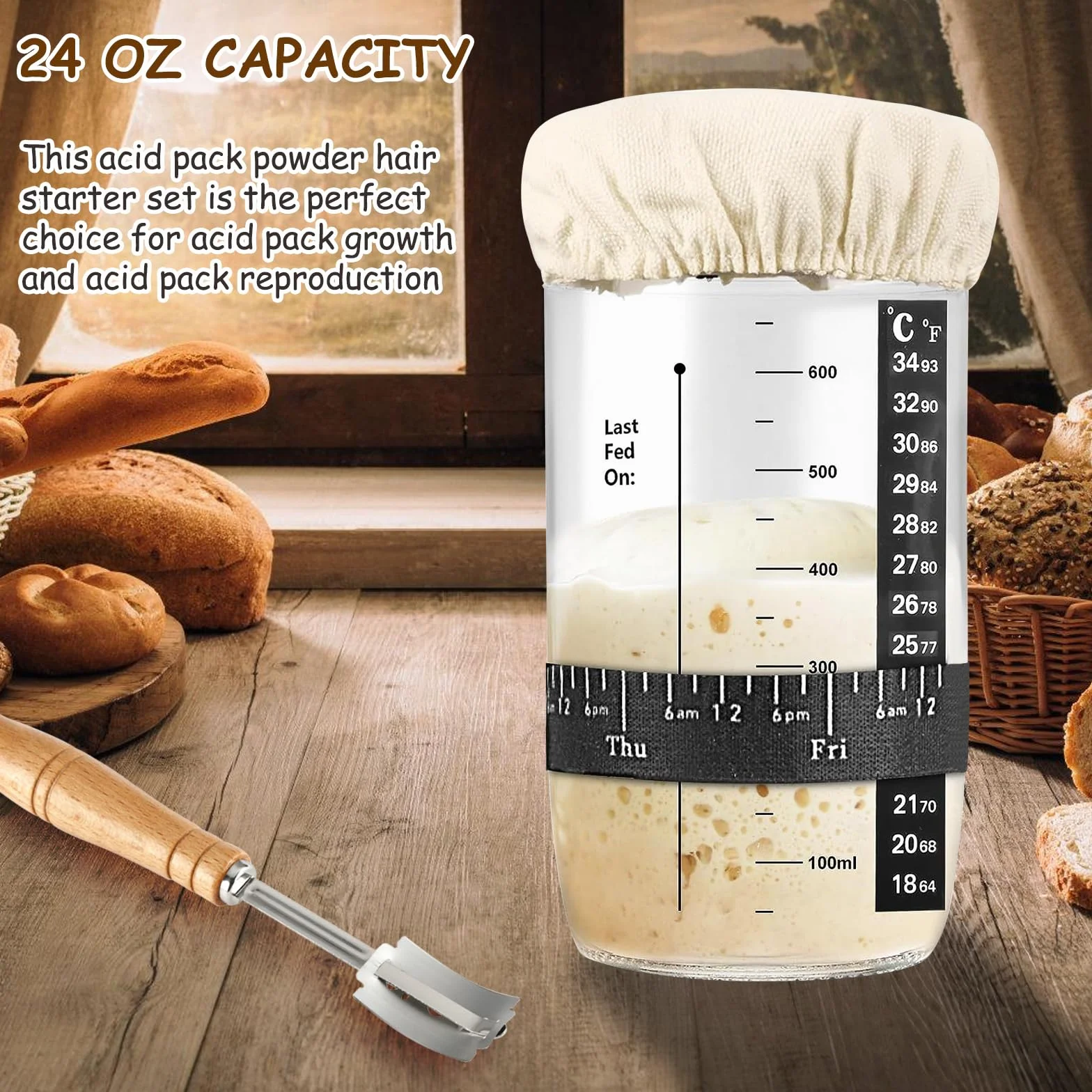 Sourdough zestaw startowy 24 oz Sourdough Starter Jar z termometrem, taśma do karmienia z datą, pokrywa i metalowa pokrywka, szpatułka, zestaw startowy do pieczenia