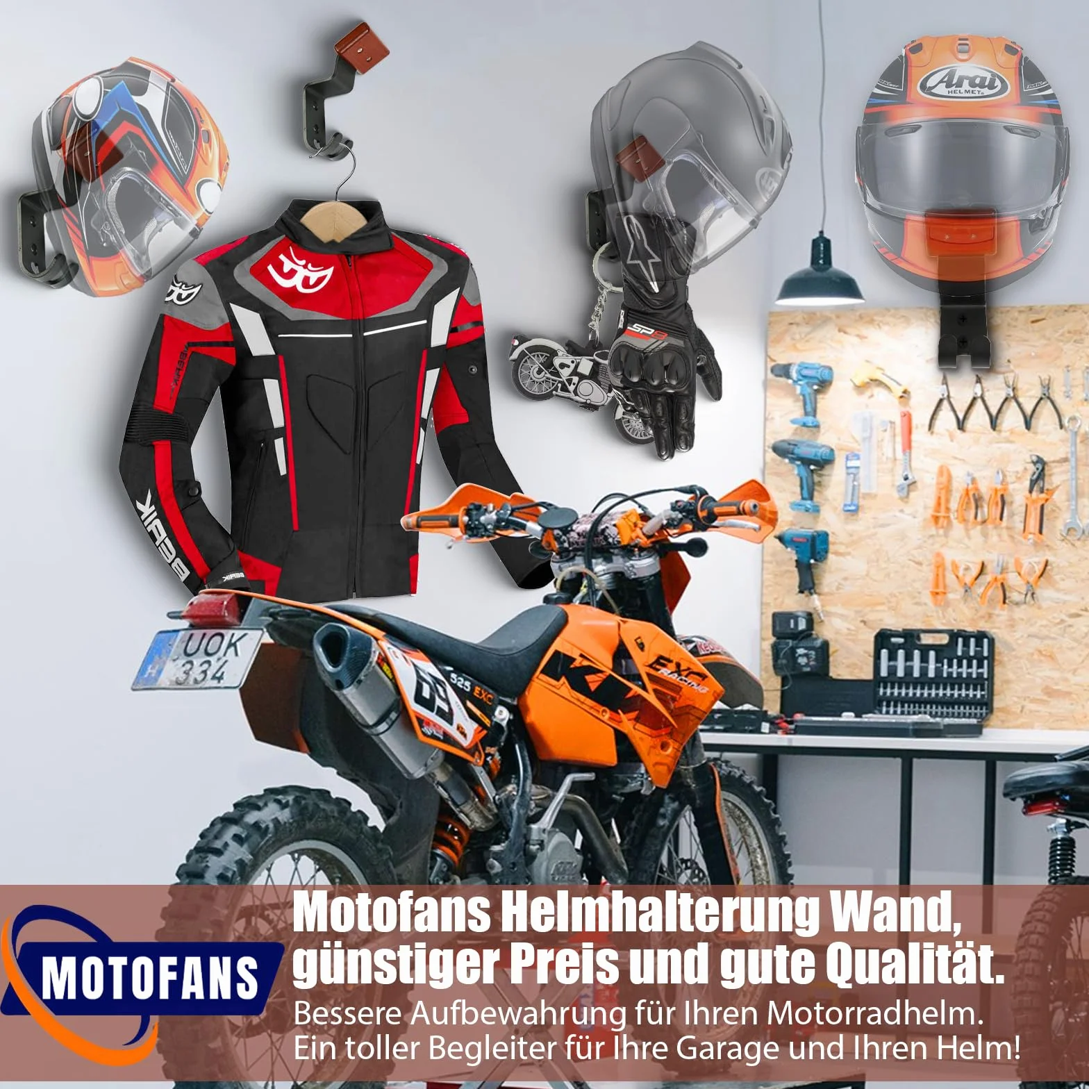 Uchwyt na kask motocyklowy, półka z haczykami do zawieszenia kasku motocyklowego i kurtki motocyklowej