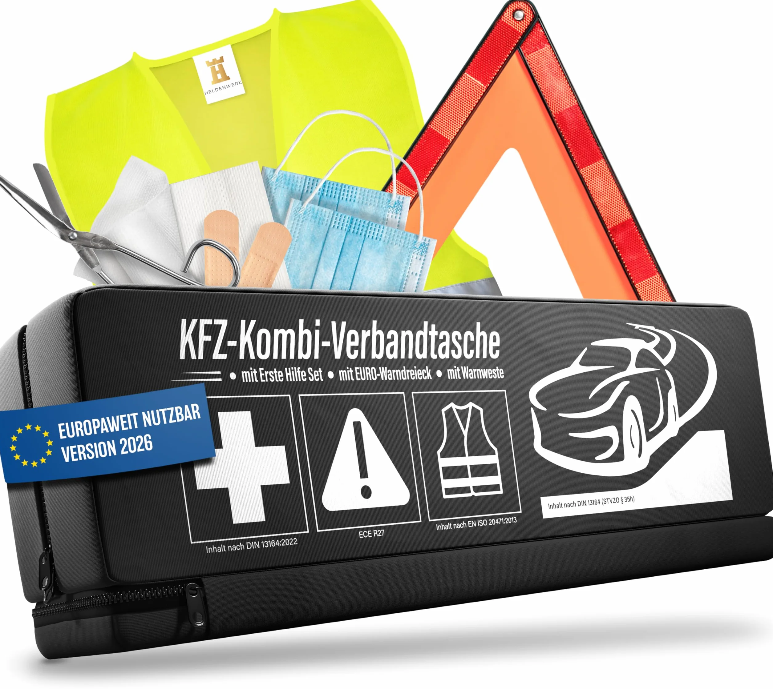 HELDENWERK Zestaw pierwszej pomocy 3 w 1 do samochodu, torba z kamizelką ostrzegawczą, trójkątem i apteczką