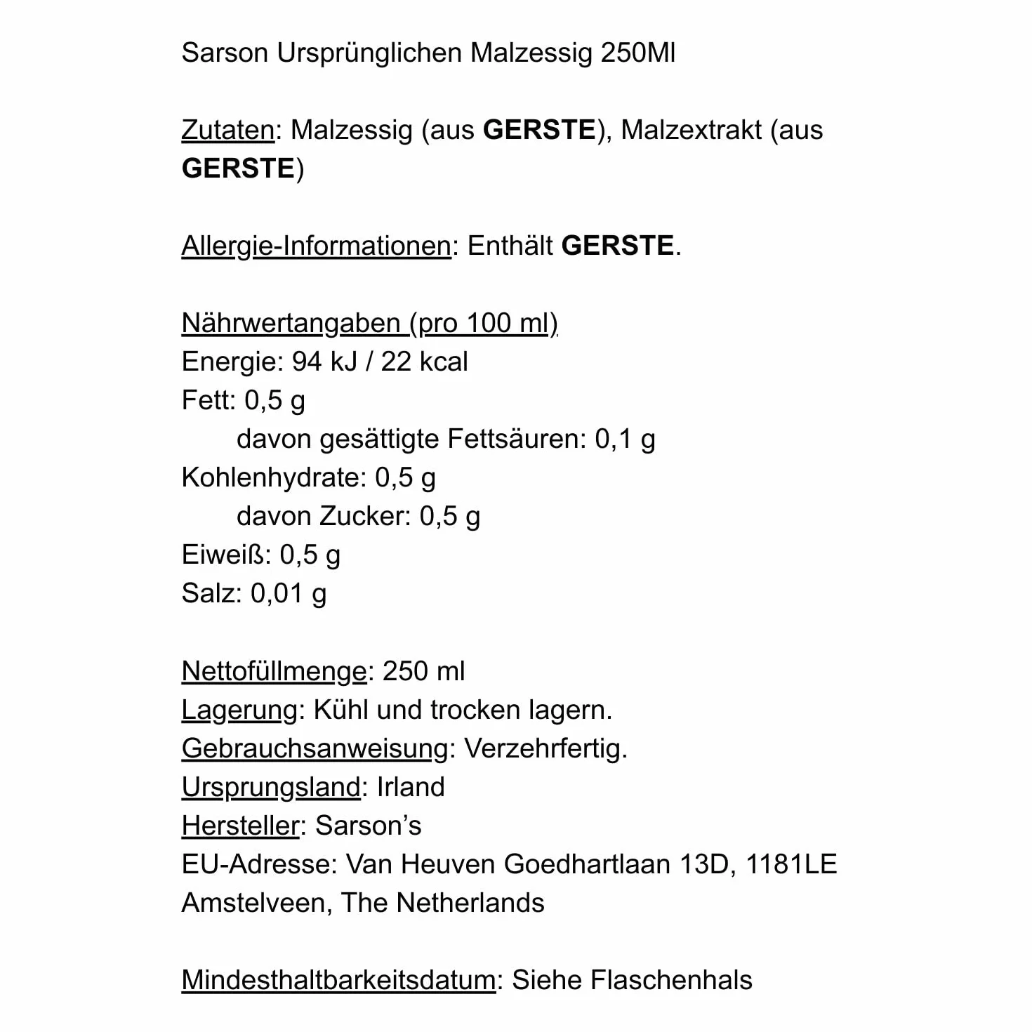 Sarson's Oryginalny ocet słodowy 250 ml