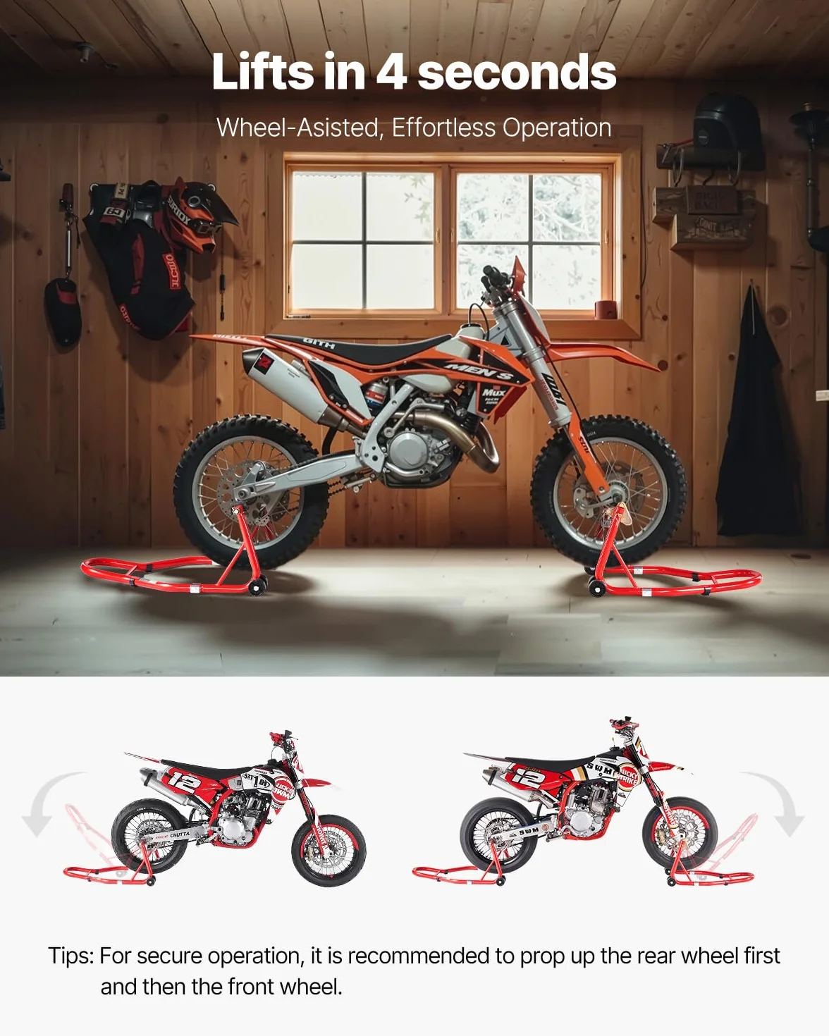 VEVOR Podnośnik motocyklowy, nośność 385 kg, przedni, tylny podnośnik, podwójny widelec, tylny widelec U+L, do większości motocykli Yamaha, Honda, Kawasaki, Suzuki, czerwony