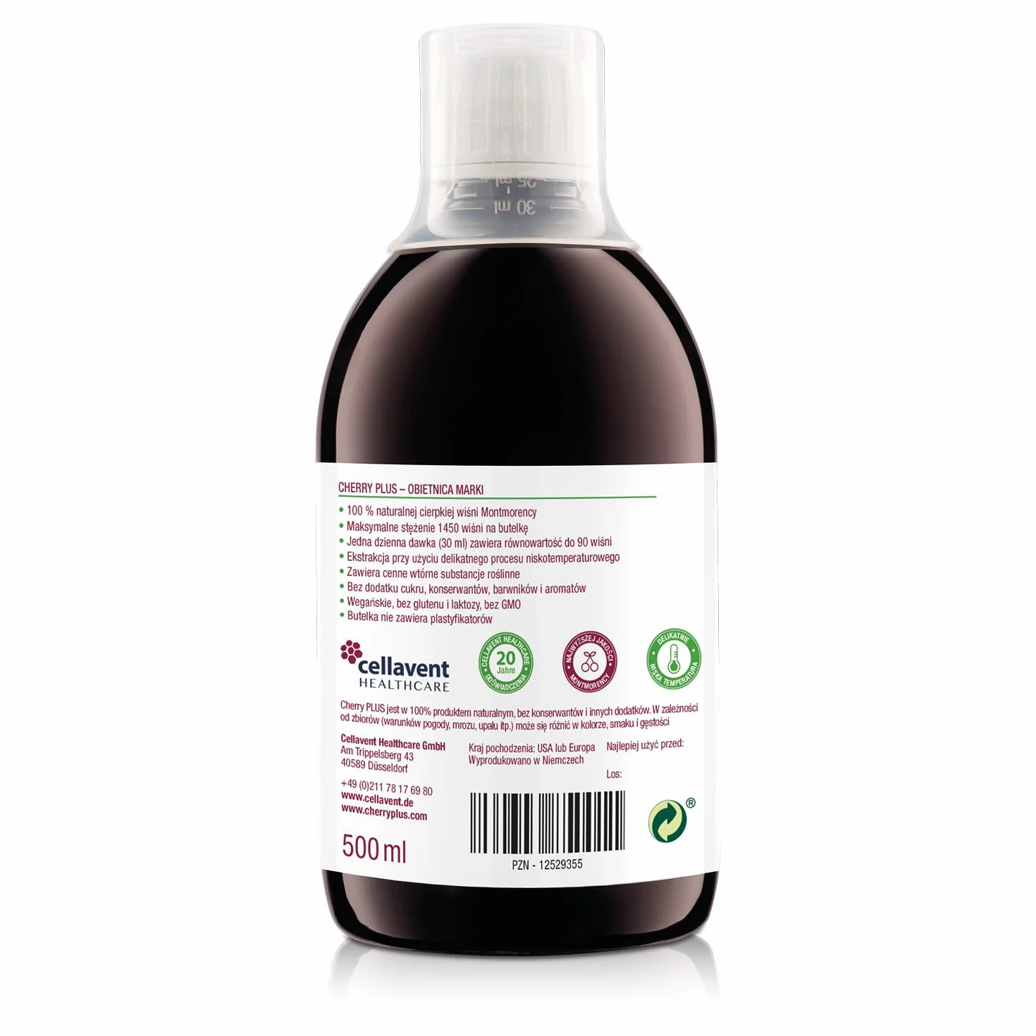Cherry Plus koncentrat z czereśni Montmorency, Wysoko skoncentrowany (z soku bezpośredniego), Czysty, 500 ml