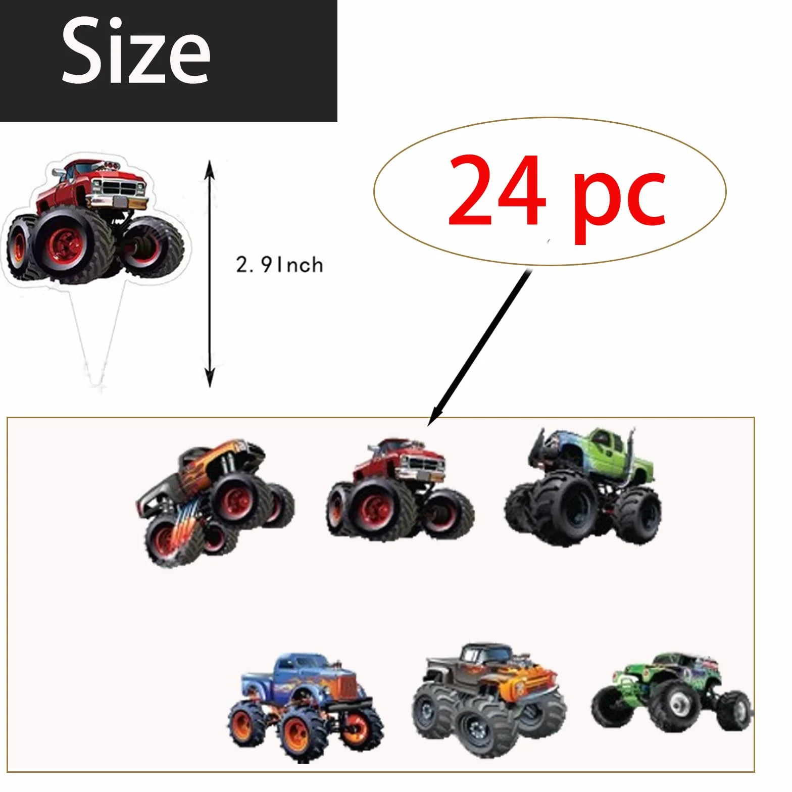 Monster Truck zestaw nakładek na tort – Happy Birthday dla chłopców – dekoracje na muffinki, nakładki na babeczki, akcesoria dla dzieci