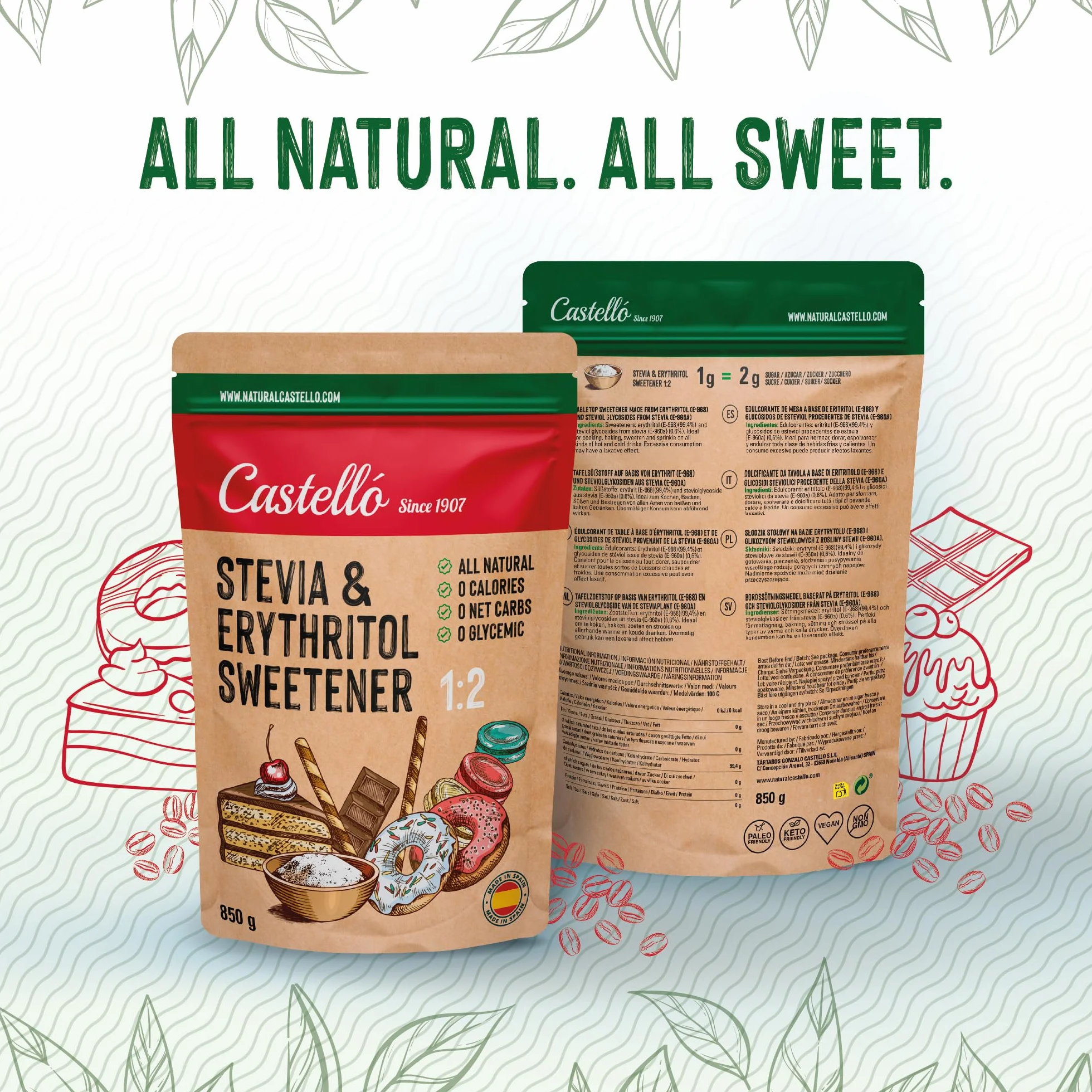 Słodzik Stevia + Erytrytol 1:2 | 1g = 2g cukru | Słodzik o 100% naturalnym smaku - 0 Kalorii - 0 Indeks Glikemiczny - Keto i Paleo - 0 Węglowodanów Netto - Bez GMO - Castello since 1907-850 g