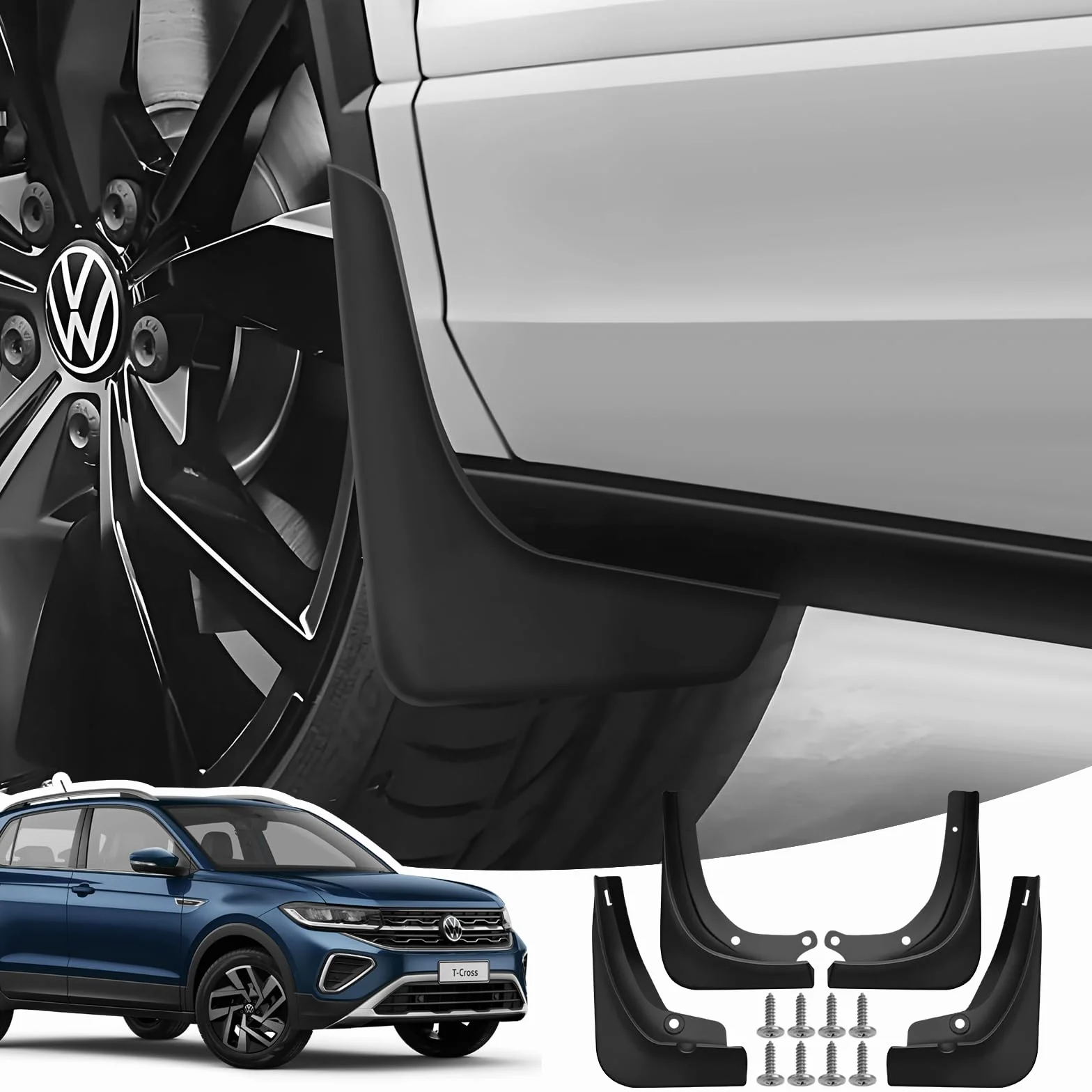 Chlapacze dla VW T-Cross 2025 2024 2023 2022 2021 2020 2019, Błotniki Przednie i Tylne ze Śrubami Montażowymi, Błotniki na Każdą Pogodę Akcesoria Nie Wymaga Wiercenia [4 Sztuki]