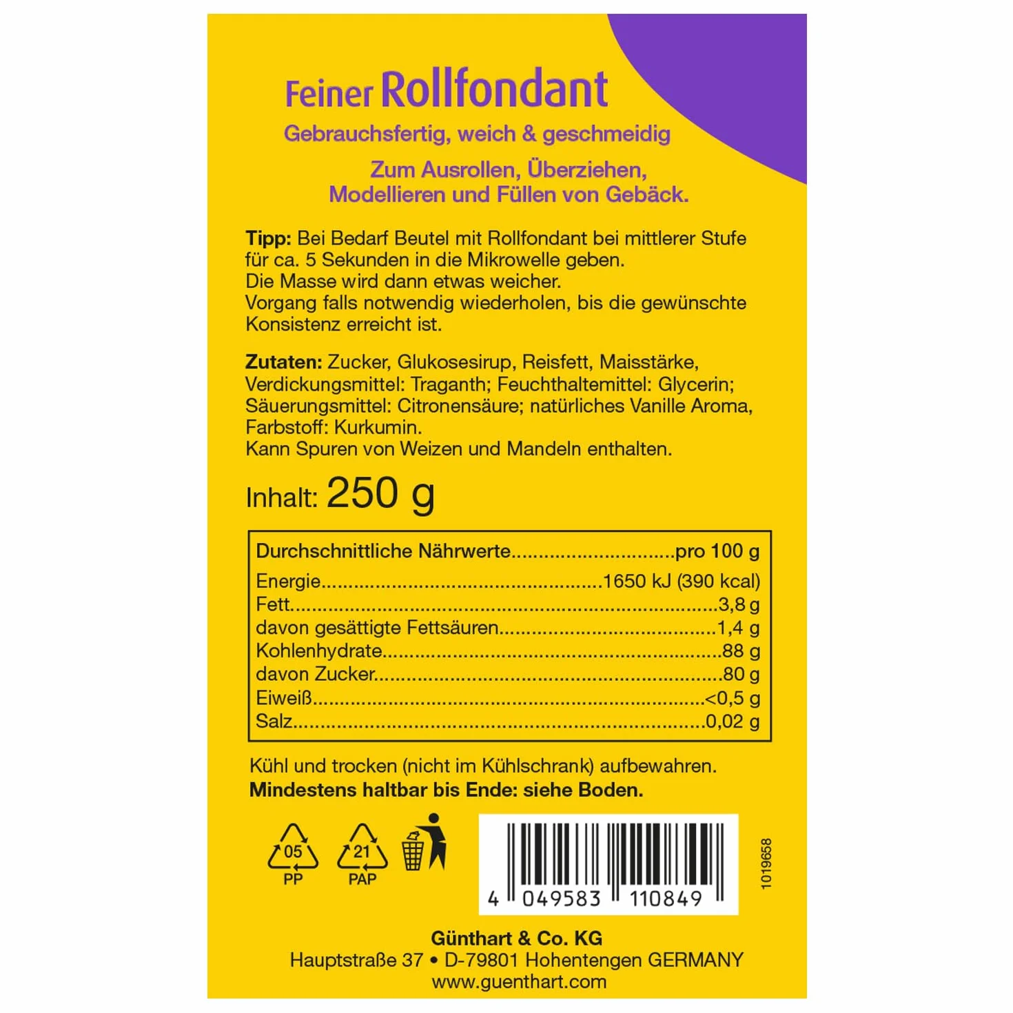 Günthart BackDecor pastelowy fondant | fondant żółty | bez oleju palmowego | masa modelarska | światło | słońce | światło | (250 g)