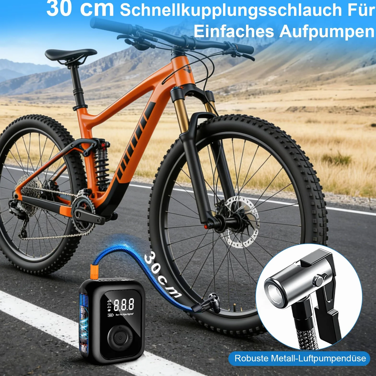 Przenośna sprężarka powietrza, 150 PSI, elektryczna pompka rowerowa, mini kompresor rowerowy z cyfrowym wyświetlaczem LED i oświetleniem LED, przenośna pompka elektryczna do rowerów, samochodów i