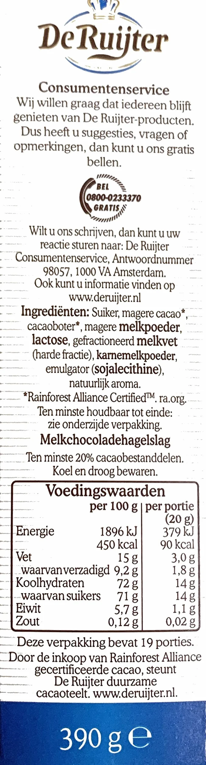 De Ruijter Hagelslag Melk czekolada pełnomleczna 380 g