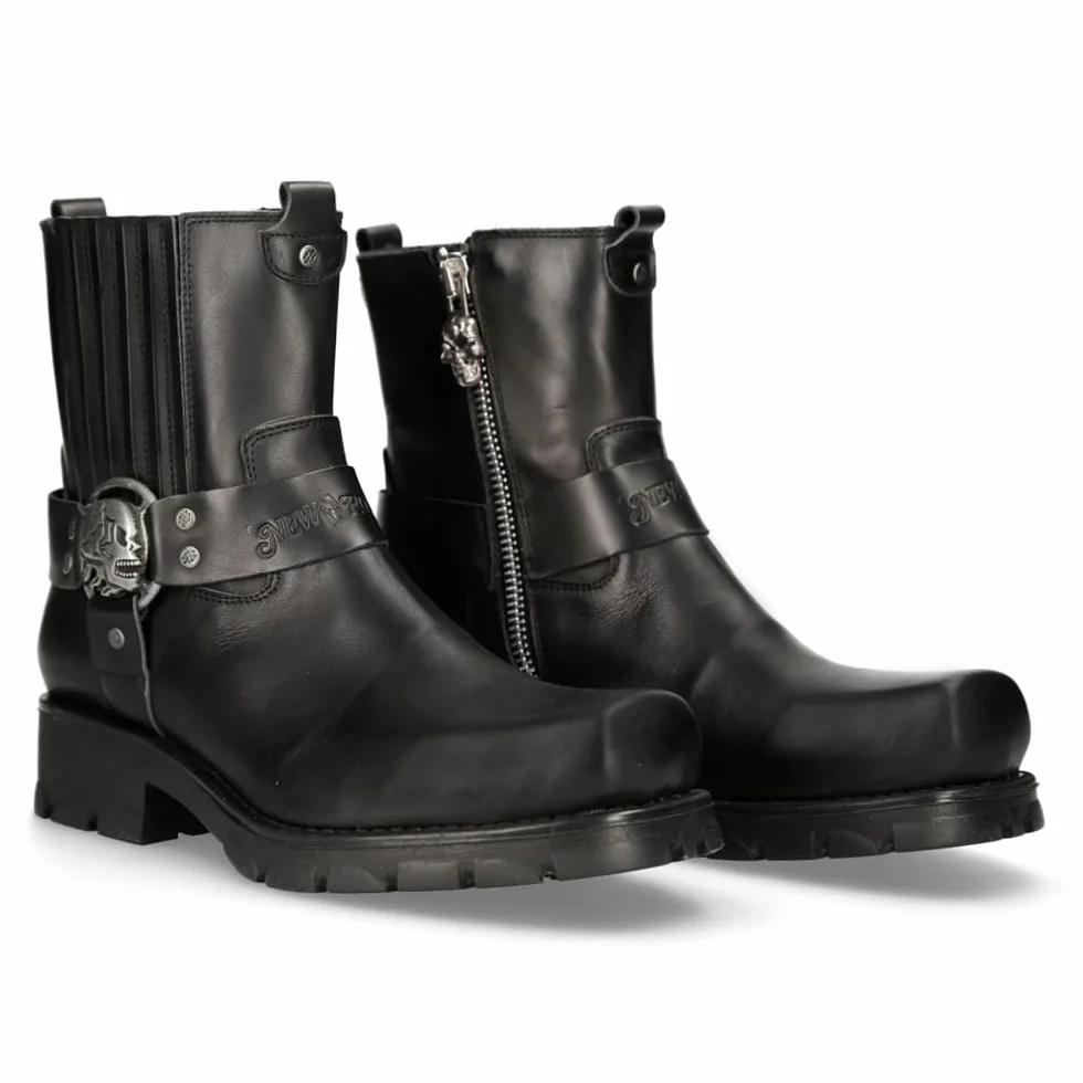 New Rock Buty motocyklowe, uniseks, zamek błyskawiczny, kolor czarny, skóra, uniseks, czarne buty motocyklowe, zamek błyskawiczny M.7605C-C1