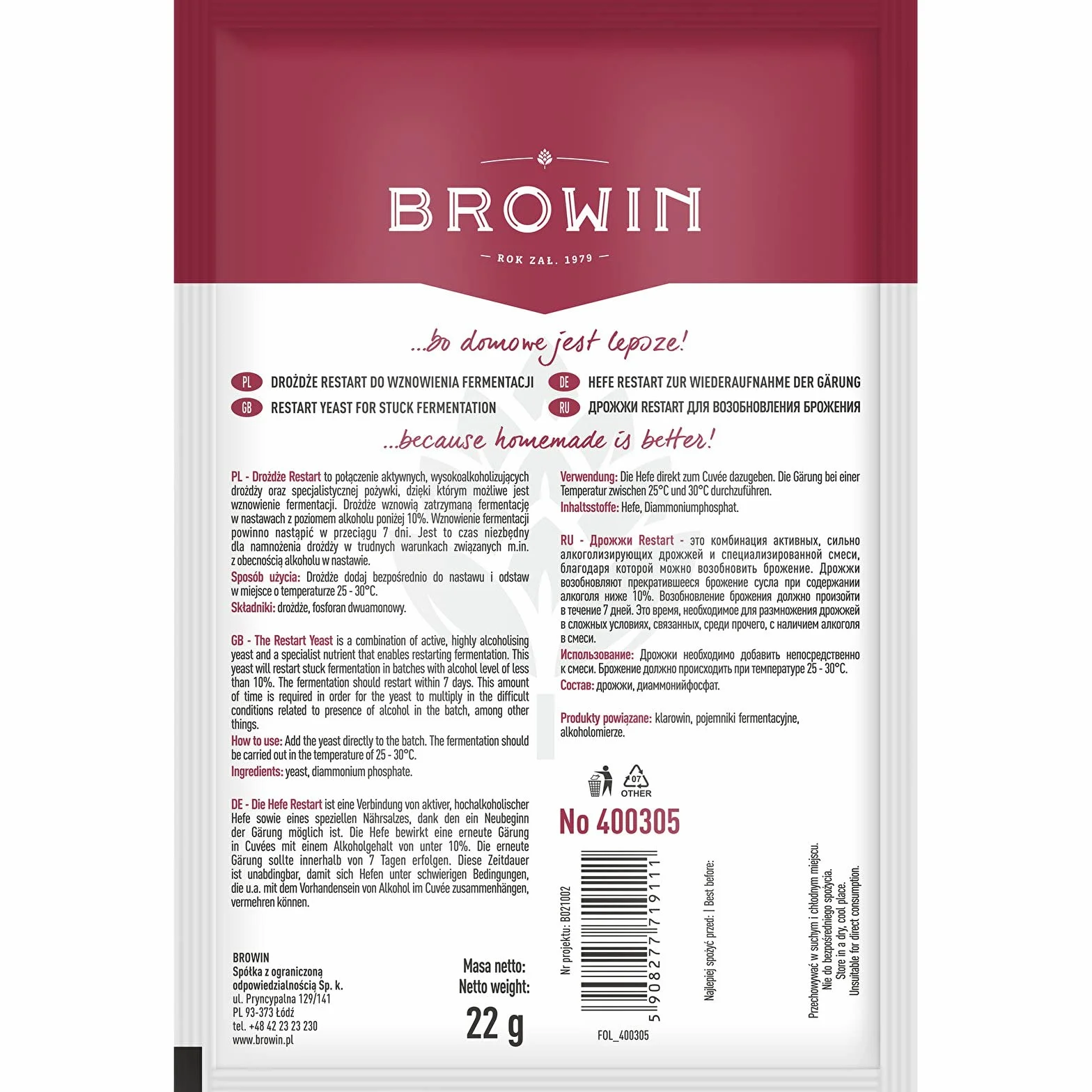Browin drożdże restartowe 22 g na 25 l do wina Re-Ferment