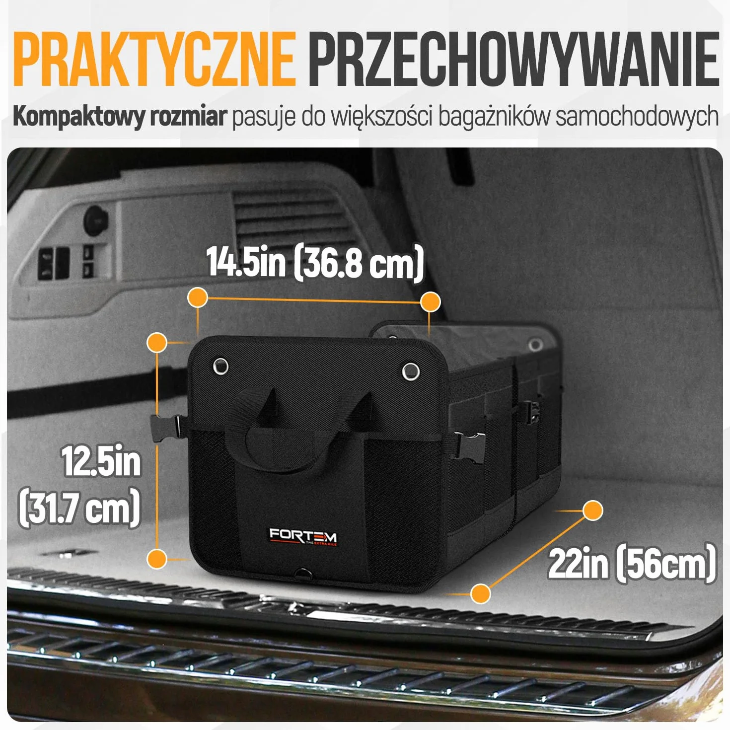 FORTEM Organizer Bagażnika Samochodowego SUV, Składany z Przegródkami, Antypoślizgowy Spód, Regulowane Pasy Mocujące, Składana Pokrywa, Praktyczne Przechowywanie Akcesoriów (65L)