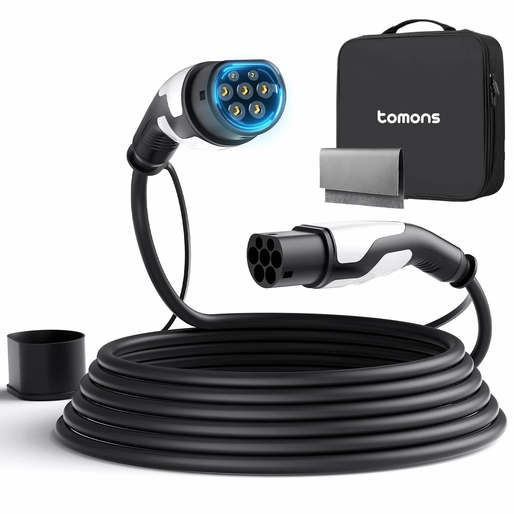 tomons Kabel do ładowania typu 2, 22 kW, 7 m, 32 A, 3-fazowy, samochód elektryczny typ 2 do EV/PHEV, typ 2 na typ 2 EV z torbą do przenoszenia i ściereczką z mikrofibry do modelu S/3/X/Y, ID.3, ID.4