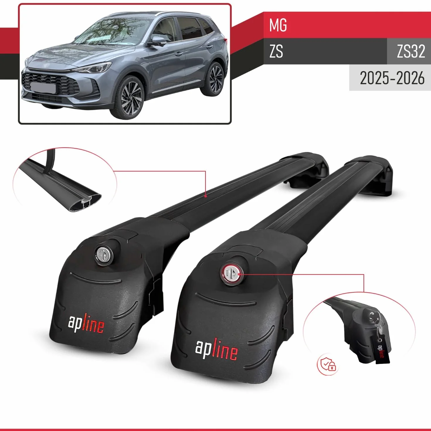 Kompatybilny z MG ZS 2025-2026 ACE-2 bagażnik dachowy, bagażnik na reling, bagażnik samochodowy, czarny, aluminium, 2 pręty