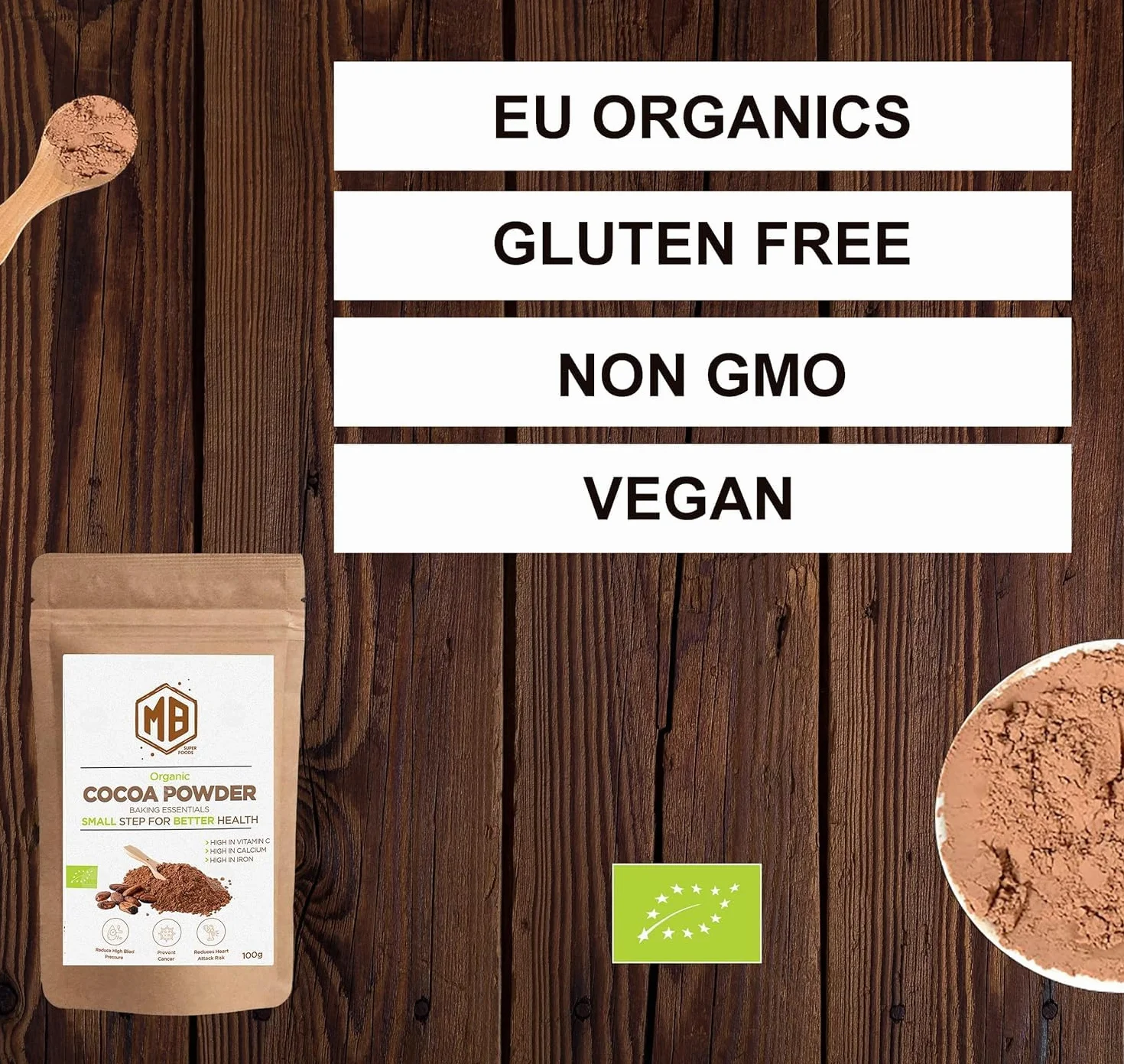 MB Superfoods Organiczny Proszek Kakao - Niesłodzony, Bez GMO, Bezglutenowy, Czysty i Naturalny Proszek Kakaowy do Pieczenia i Koktajli, Codzienne Wsparcie dla Zdrowia i Energii - 100g