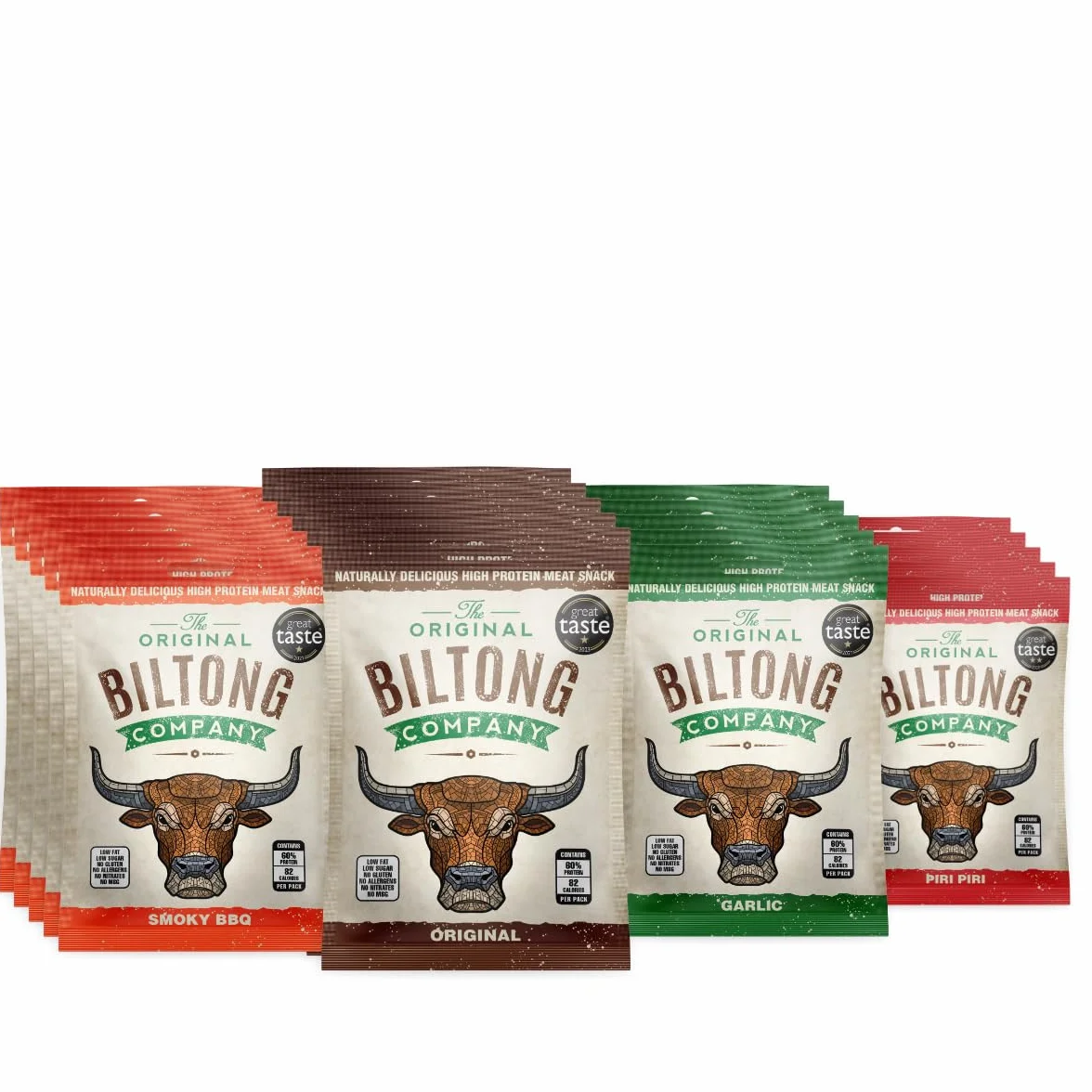 THE ORIGINAL BILTONG COMPANY Podwójne pudełko na smak cztery smaki oryginalne smoky BBQ Piri Piri czosnek zdrowe przekąski wysokiej zawartości białka brytyjska irlandzka wołowina 24 x 30 g