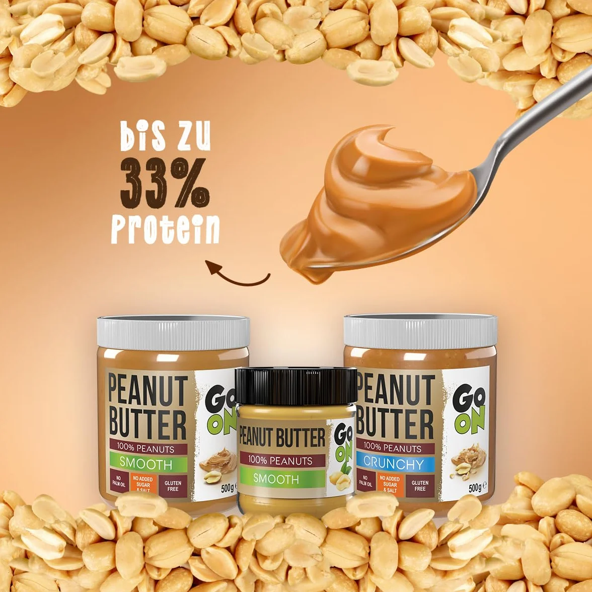 GO ON - Chrupiące masło orzechowe, bez cukru i oleju palmowego, Crunchy, 6 x 500g, Naturalne masło orzechowe, 100% Orzechów ziemnych, bez dodatku soli