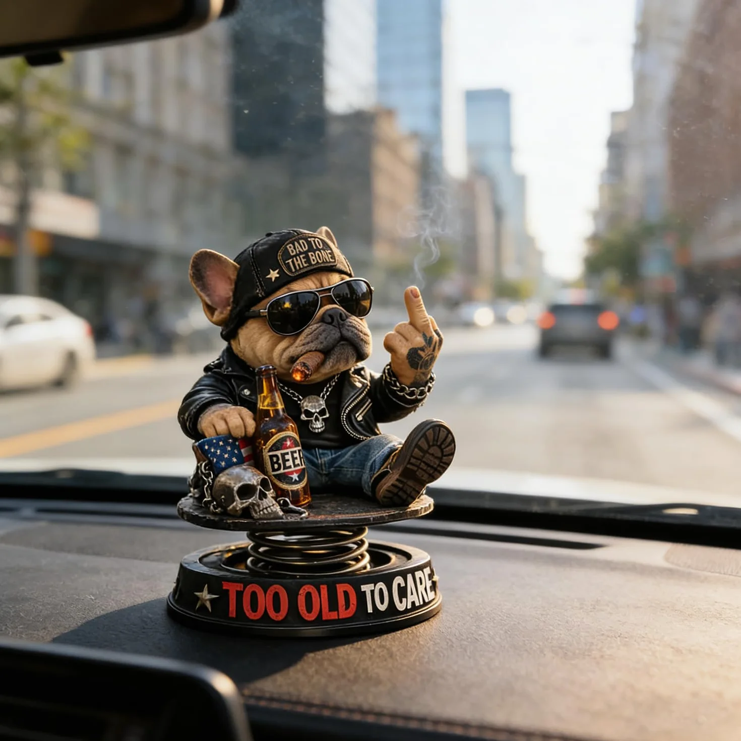 Too Old to Care Dashboard Bobblehead, dekoracja deski rozdzielczej buldog środkowy palec
