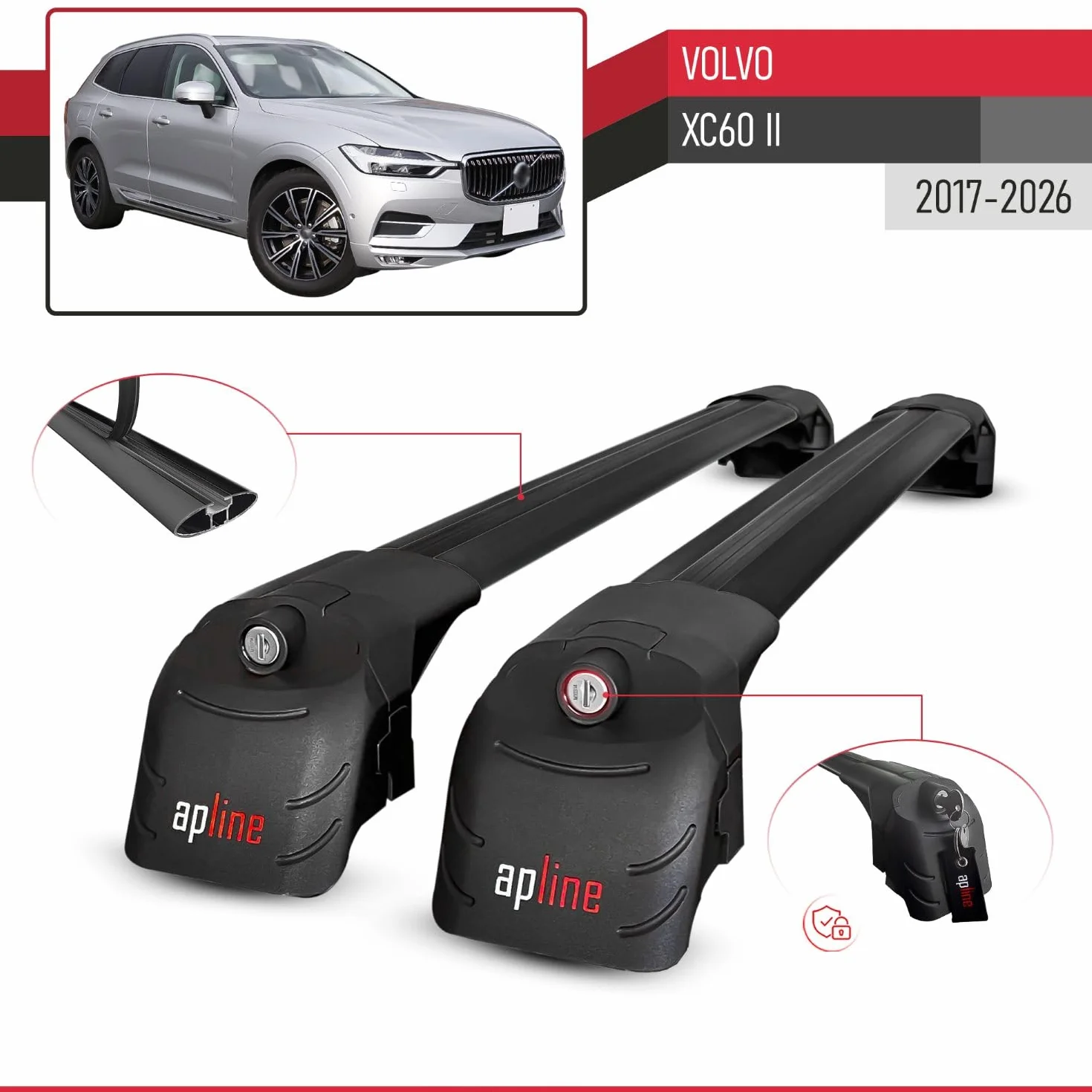 Kompatybilny z Volvo XC60 II 2017-2026 ACE-2 Model Aluminiowe poprzeczki dachowe Czarny 2 szt.