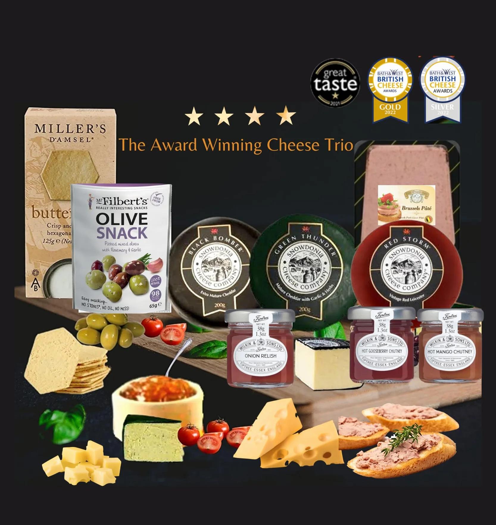 Ant&Chid The Cheese Hampers kosz prezentowy, 3 nagradzane sery, pasztet, cebula karmelizowana i figowa chutney z jabłek, oliwki, maślane ciasteczka mleczne, zestaw upominkowy dla mężczyzn i kobiet