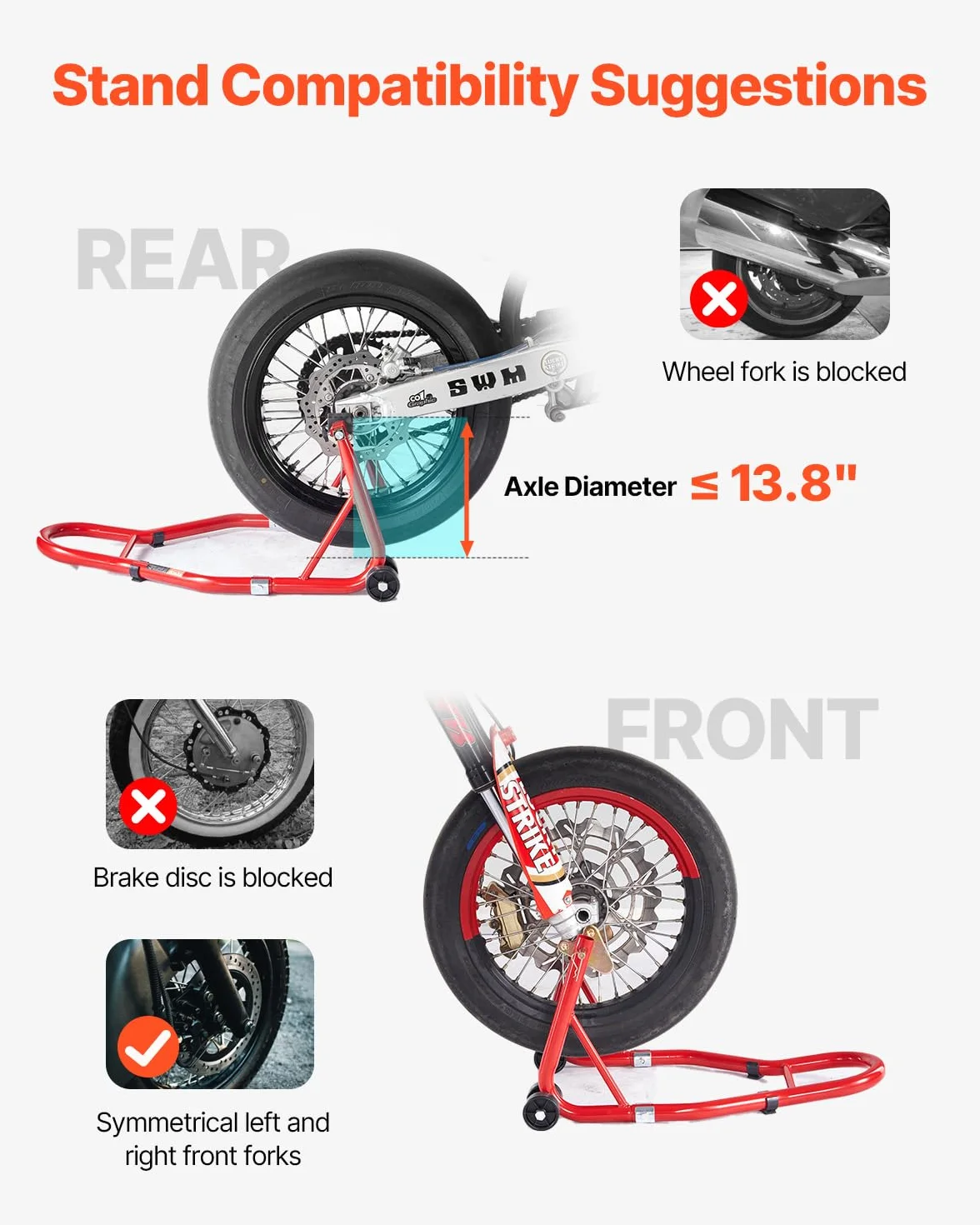 VEVOR Podnośnik motocyklowy, nośność 385 kg, przedni, tylny podnośnik, podwójny widelec, tylny widelec U+L, do większości motocykli Yamaha, Honda, Kawasaki, Suzuki, czerwony