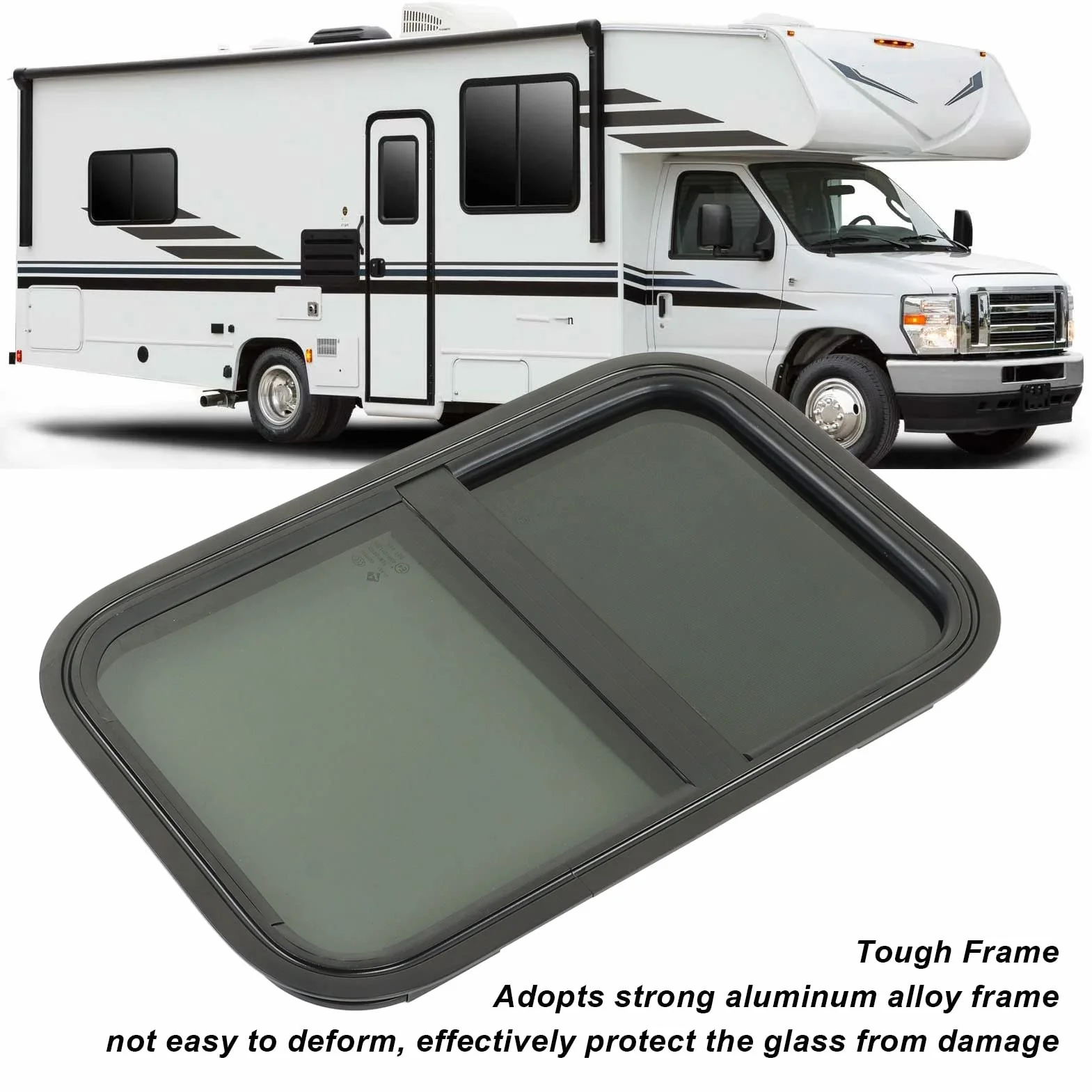 RV Window Replacement, 590x390mm Pionowe Poziome Przesuwne Przyciemniane Szkło Hartowane Okno do Przyczepy Okno do Kampera Zaokrąglone Okna Przesuwne do Pojazdów Inżynieryjnych