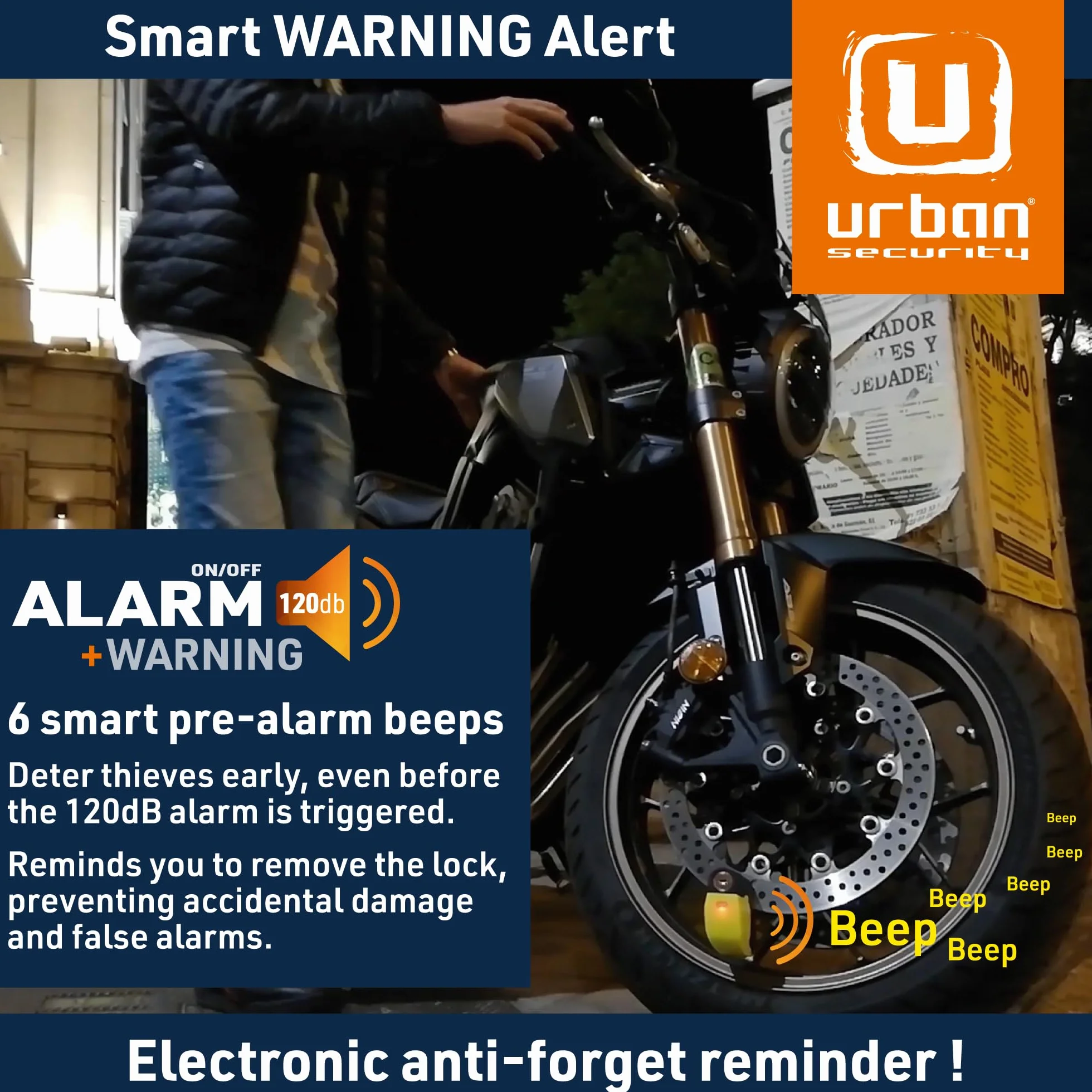 Urban UR6 Blokada Dysku z Alarmem Motocyklowy Alarm Przeciwkradzieżowy 120 dB, 6 mm