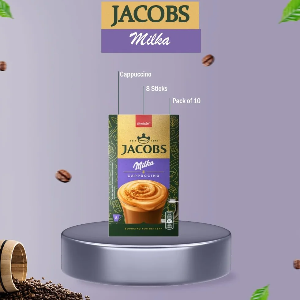 Jacobs 3-w-1 Milka, cappuccino – Likier z kawy rozpuszczalnej, 10 x 8 saszetek, 126,4 g, porcje jednorazowe, świeży zapas z hurtowni, mocna i bogata kawa.