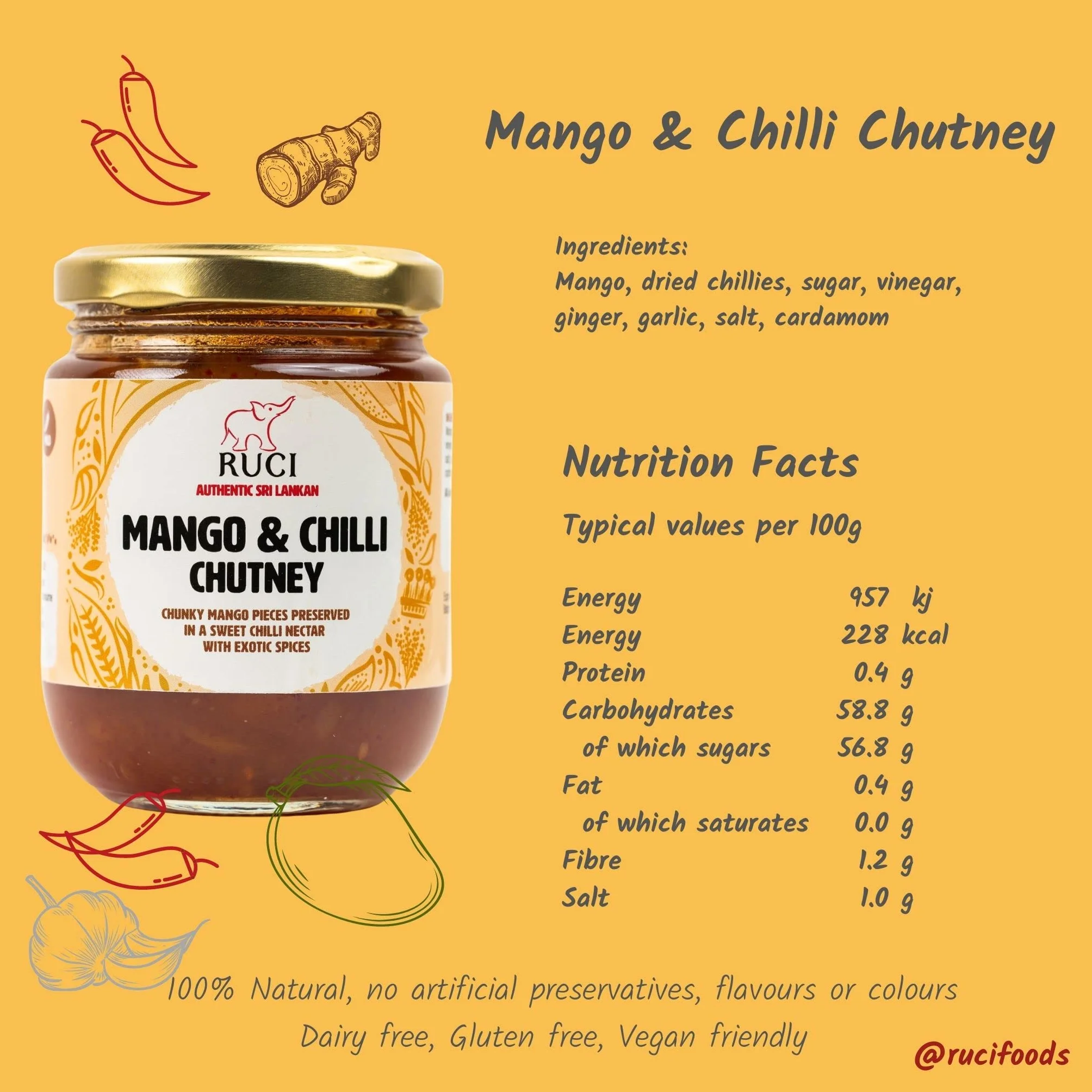 RUCI Sri Lankan Mango Chilli Chutney, kawałki mango w słodko-pikantnym nektarze, 250 g
