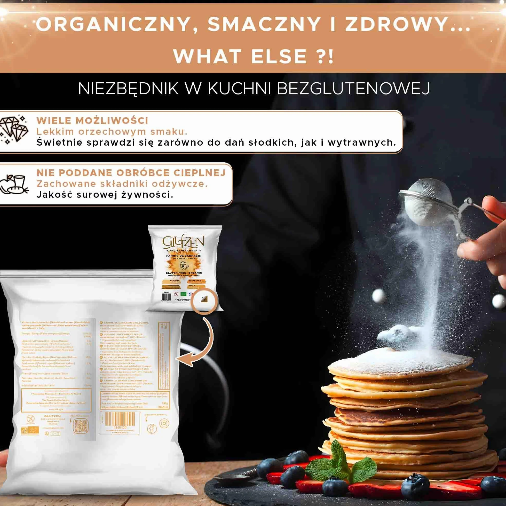 Bezglutenowa mąka gryczana Bio GLUTZEN, kompatybilna z chleb bezglutenowy, ciasto na pizzę, makarony, naleśniki, ciastka, muffiny. Celiakia, niski IG, Keto, Wegańska, bez alergenów. (1x500g)