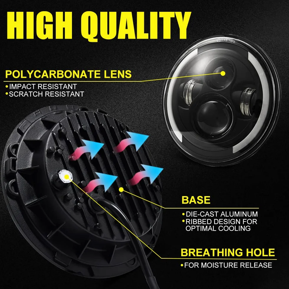 Para reflektorów LED 100W10 000lm, 4 soczewki Angel Eyes 3000K + 6000K 4 tryby oświetlenia okrągłe, tryb offroad ogień krzyż DRL hi-lom